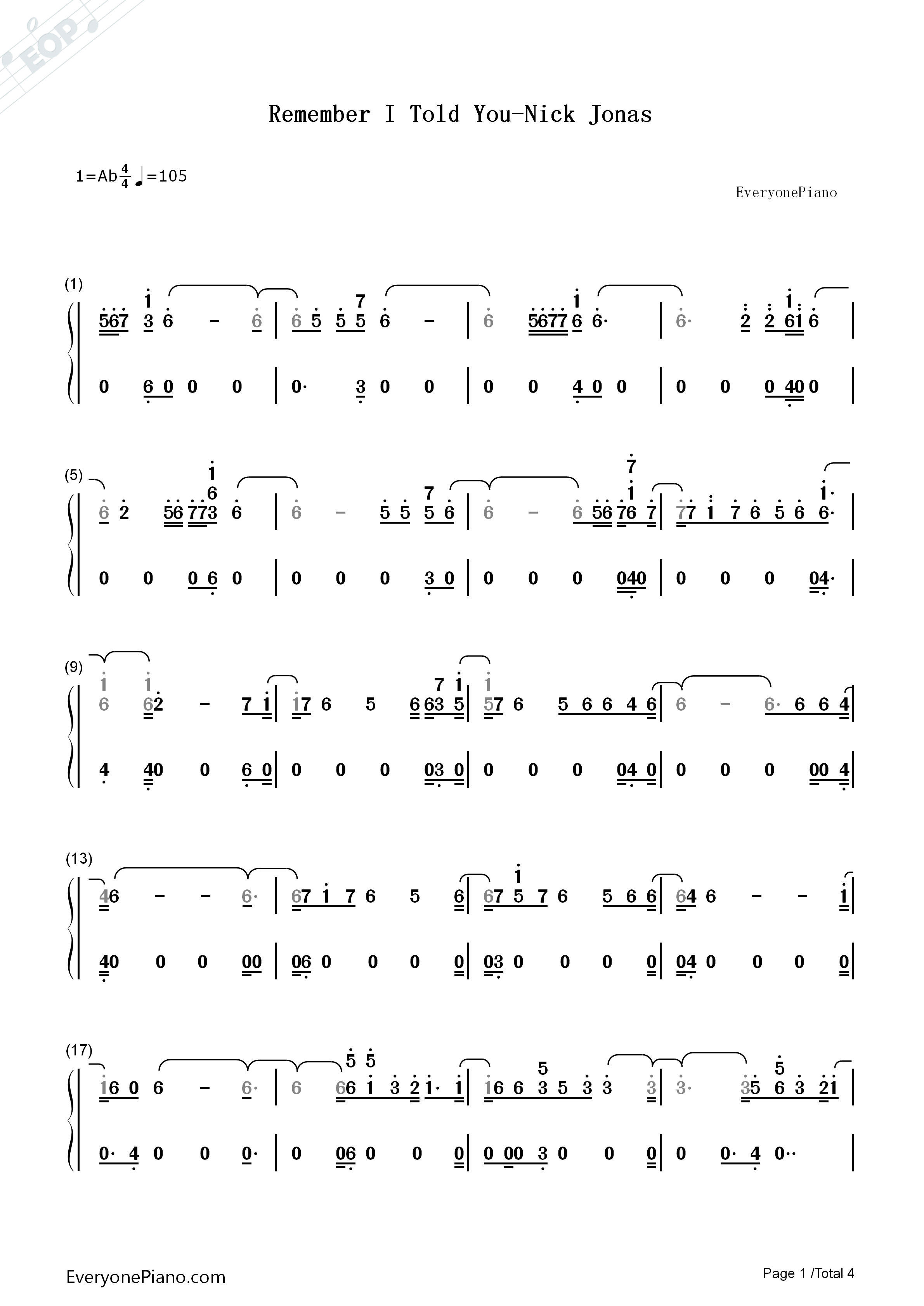 Remember_I_Told_You钢琴简谱_Nick_Jonas演唱