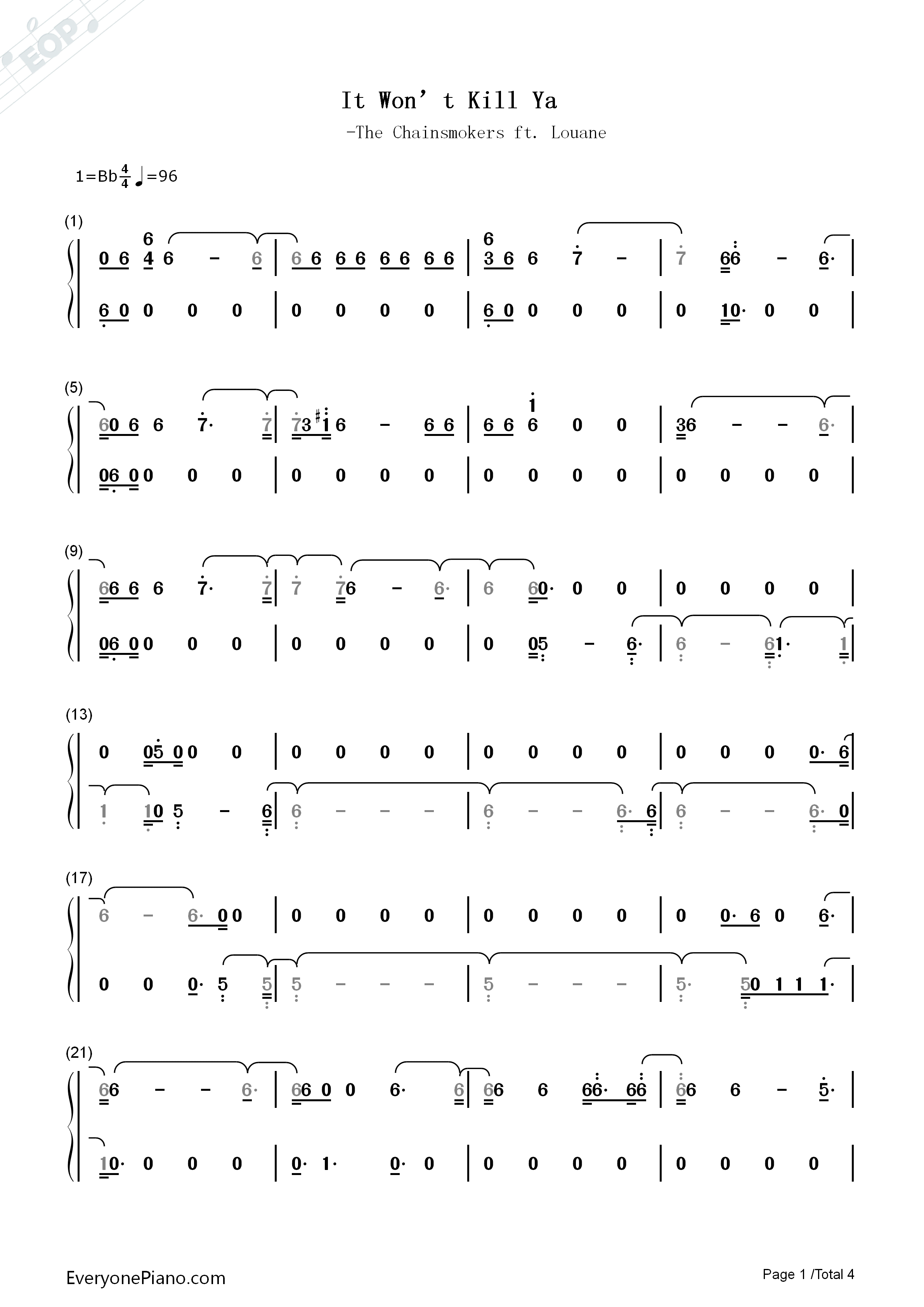 It_Won't_Kill_Ya钢琴简谱_The_Chainsmokers_ft._Louane演唱
