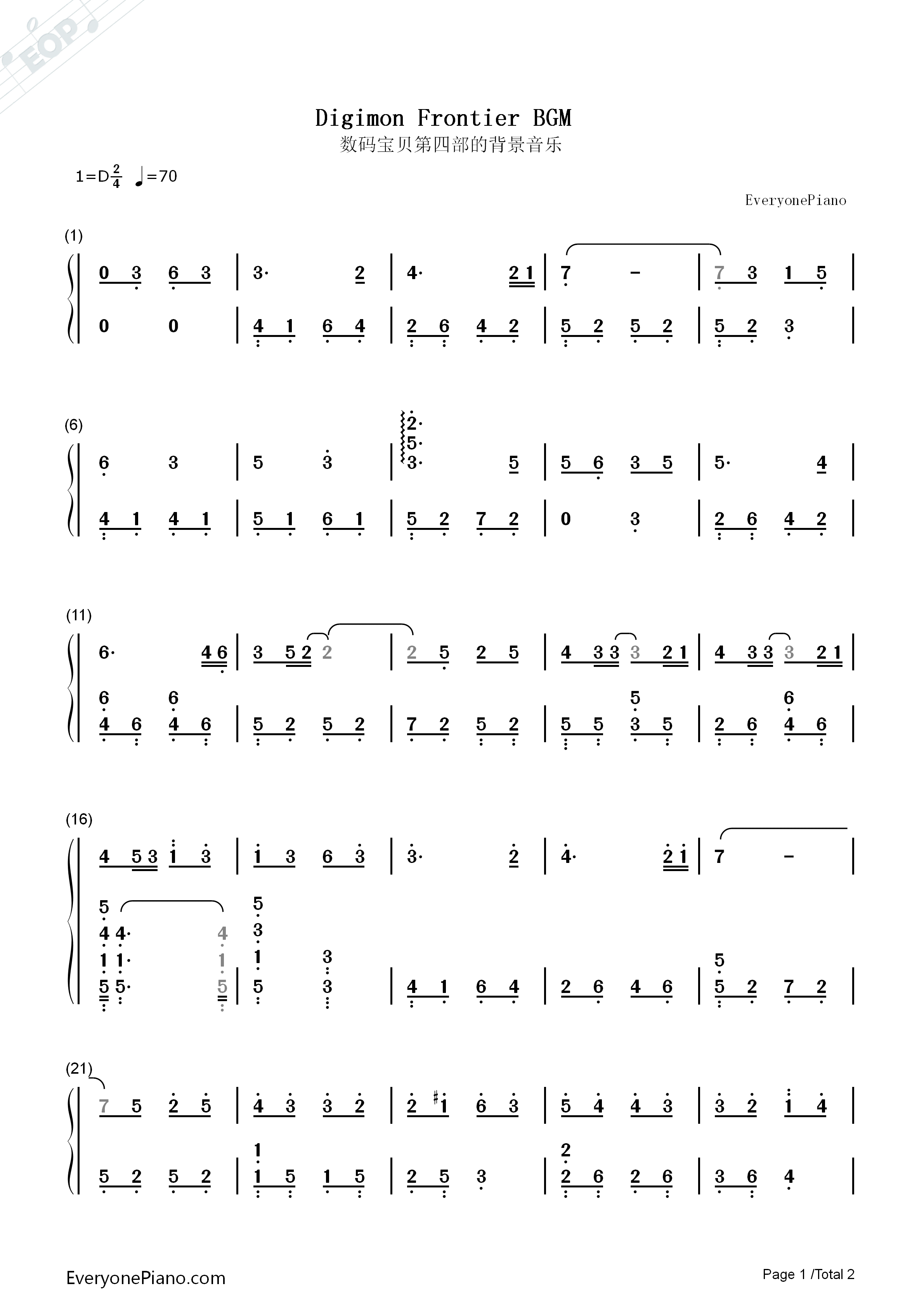 数码宝贝第四部的背景音乐钢琴简谱_和田光司演唱