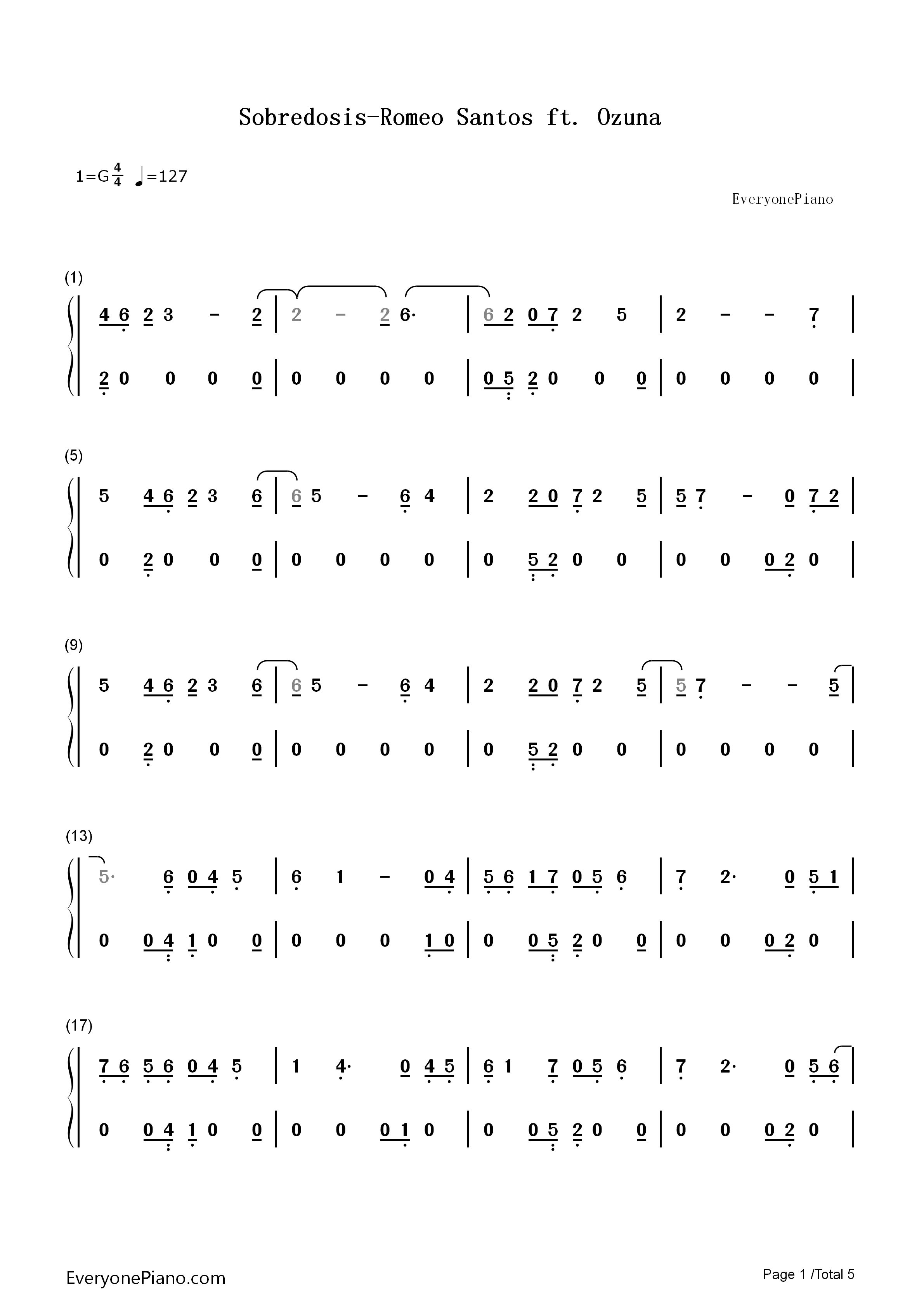 Sobredosis钢琴简谱_Romeo_Santos_Ozuna演唱