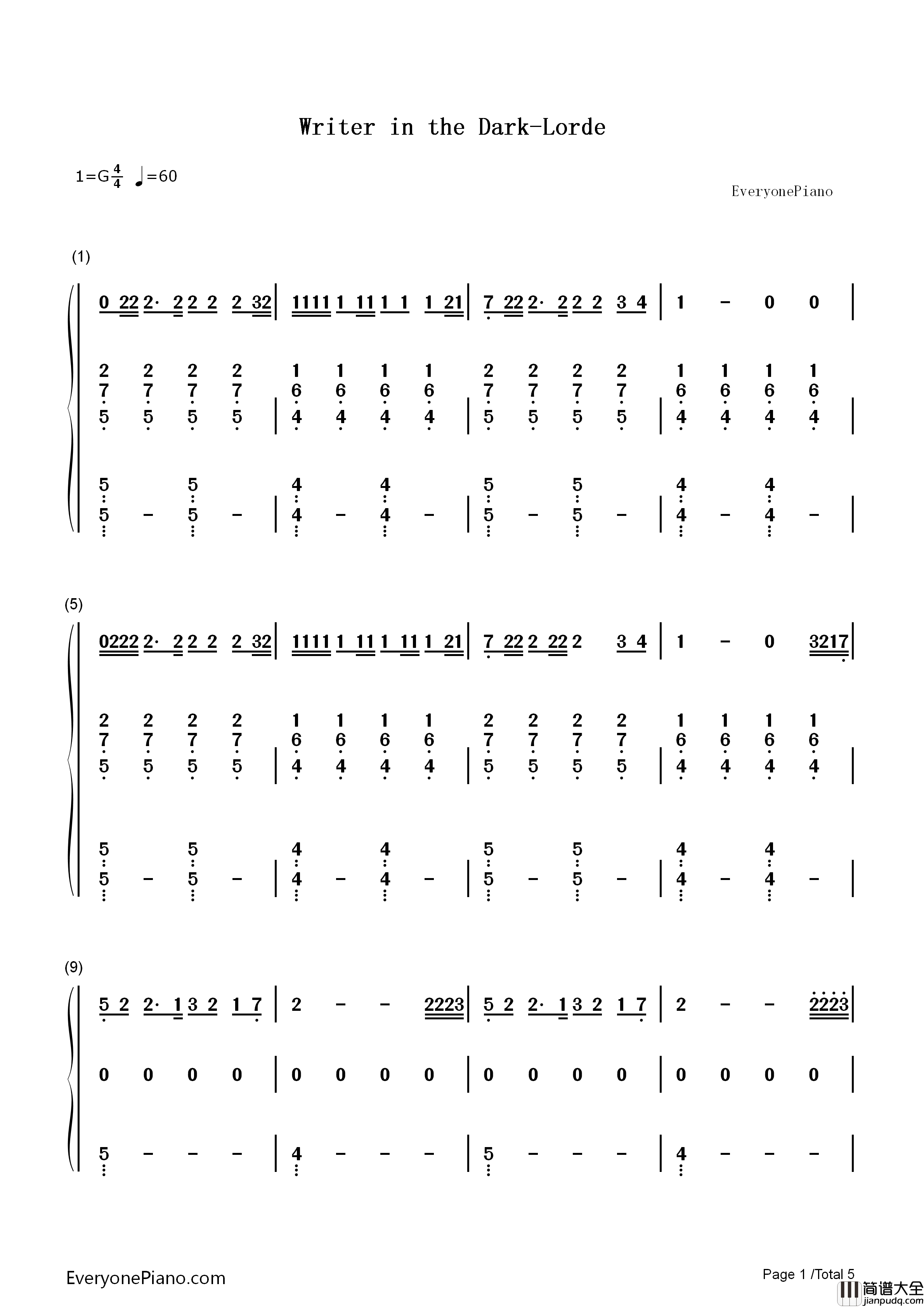 Writer_in_the_Dark钢琴简谱_Lorde演唱