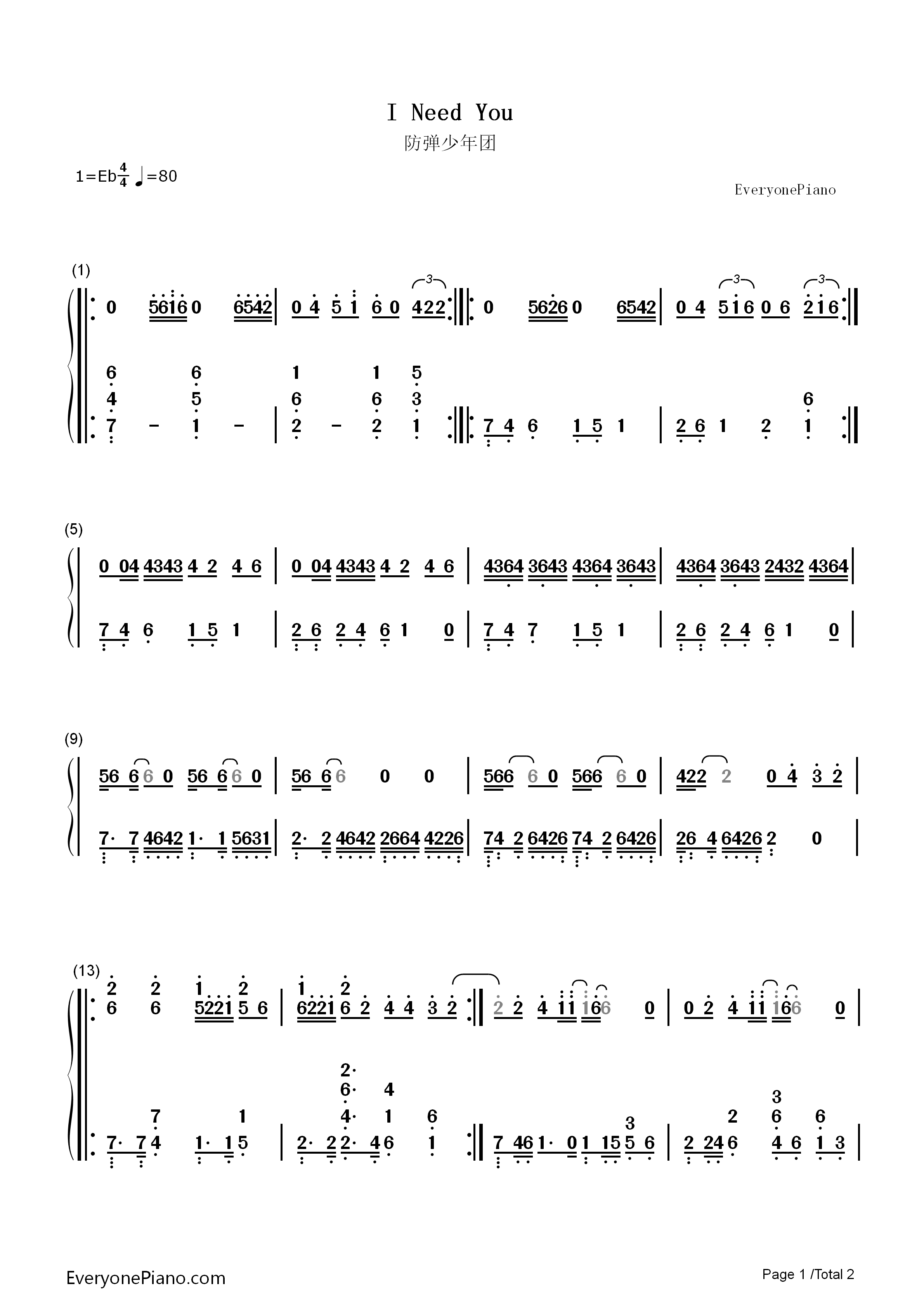 I_Need_You钢琴简谱_防弹少年团演唱