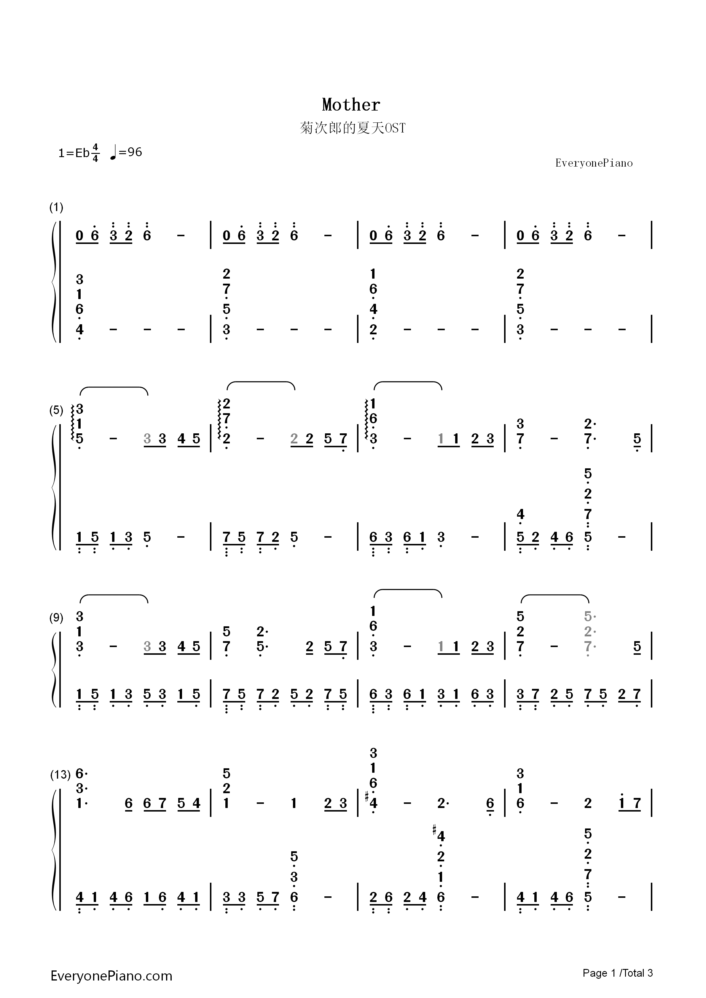 Mother钢琴简谱_久石让_宫崎骏演唱