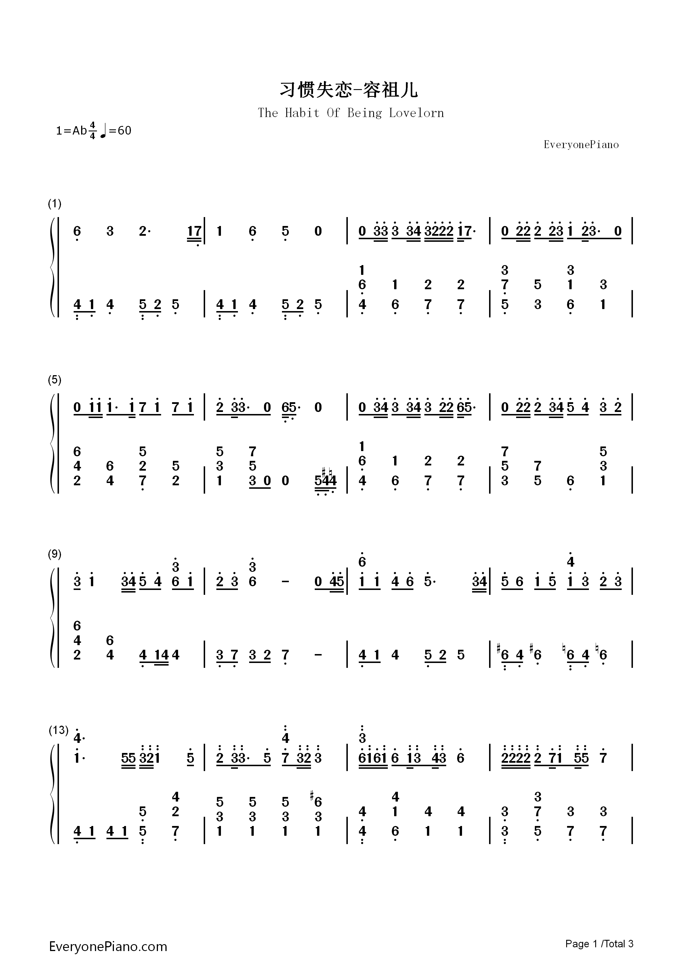 习惯失恋钢琴简谱_容祖儿演唱