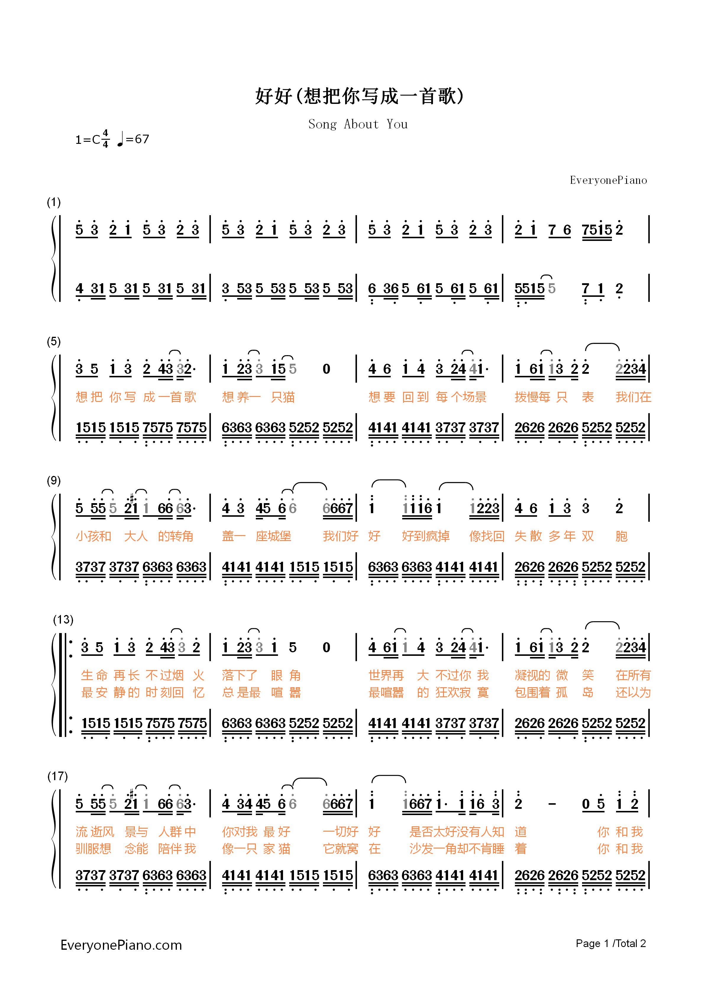 好好(想把你写成一首歌)钢琴简谱_五月天演唱