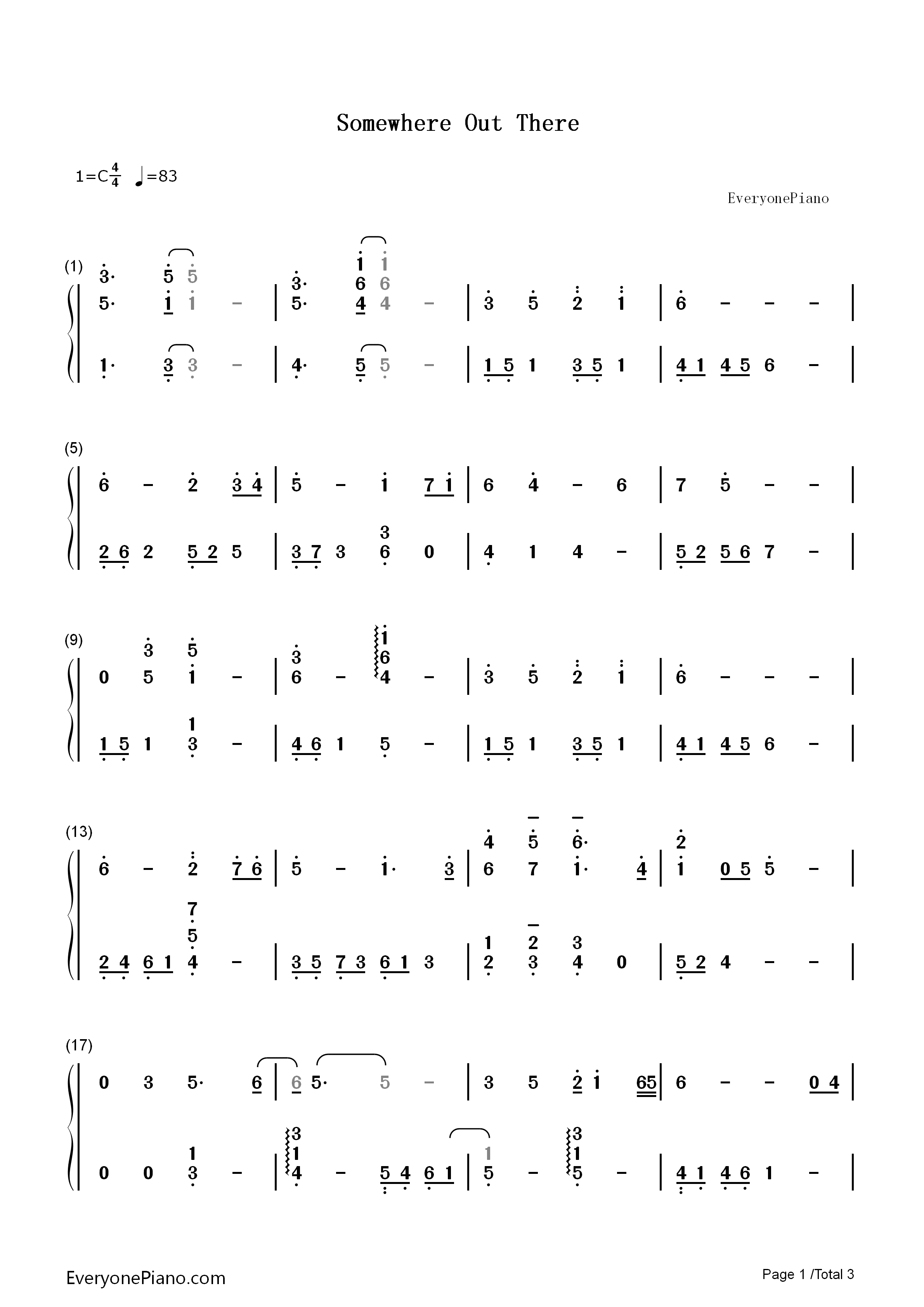 Somewhere_Out_There钢琴简谱_James_Horner演唱