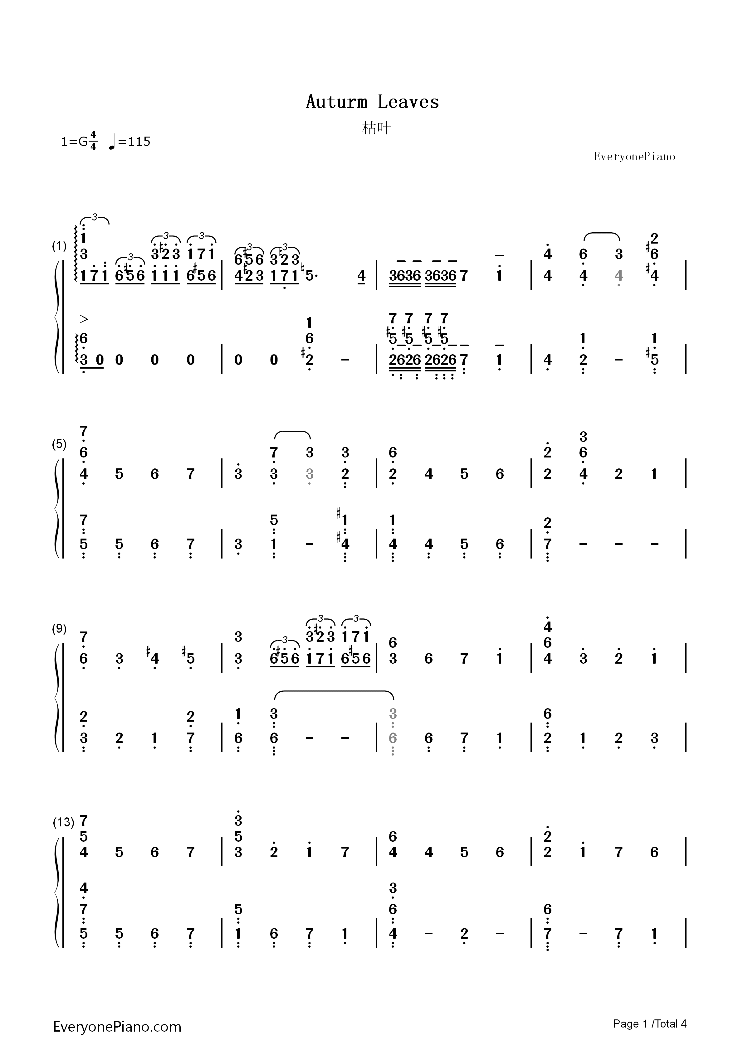 Autumn_Leaves钢琴简谱_Joseph_Kosma演唱