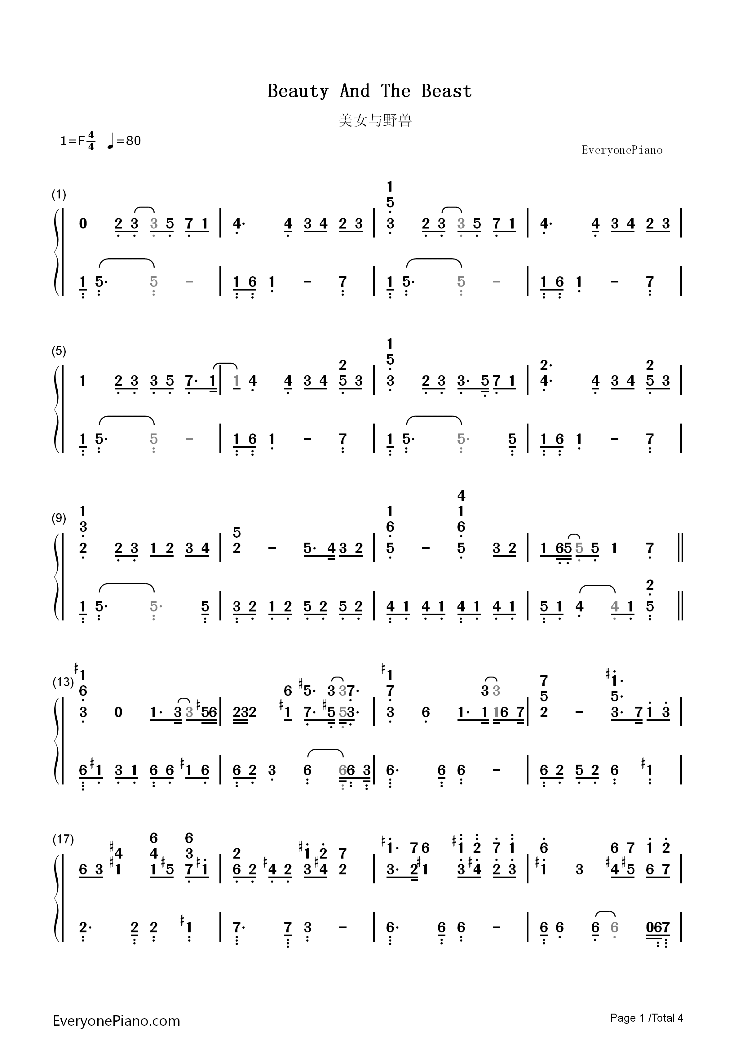 Beauty_and_the_Beast钢琴简谱_Celine_Dion_Peabo_Bryson演唱