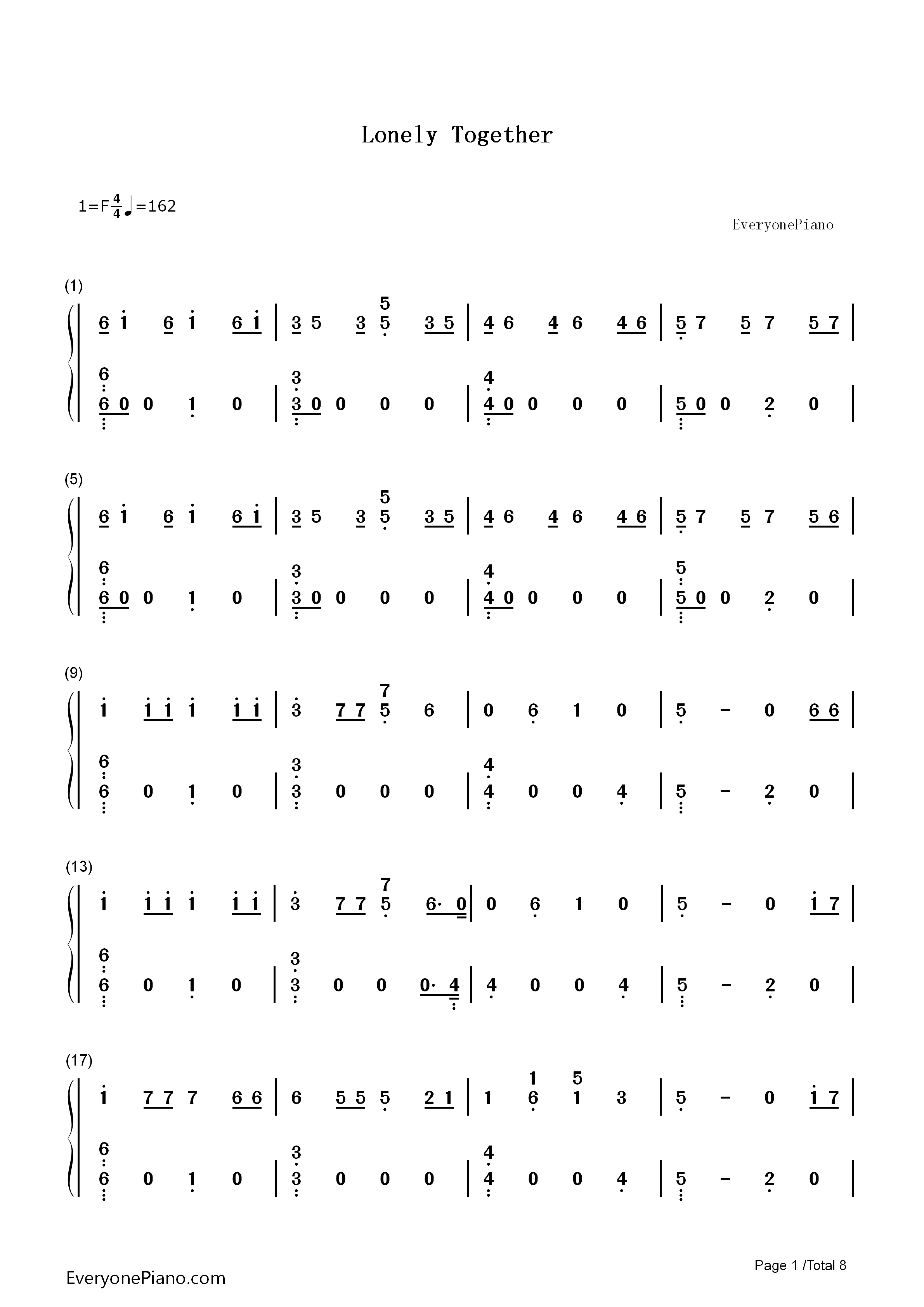 Lonely_Together钢琴简谱_Avicii演唱