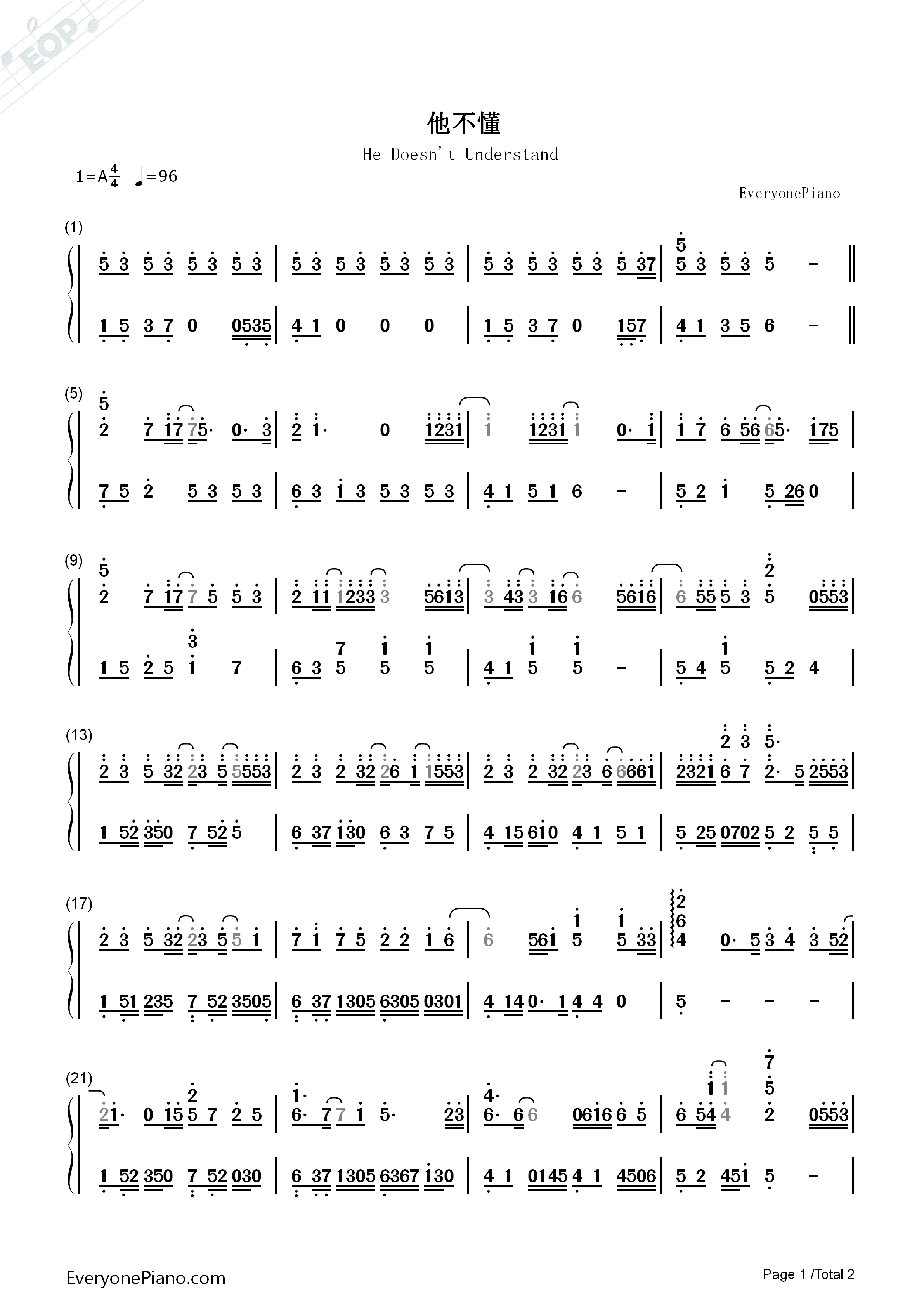 他不懂钢琴简谱_张杰演唱