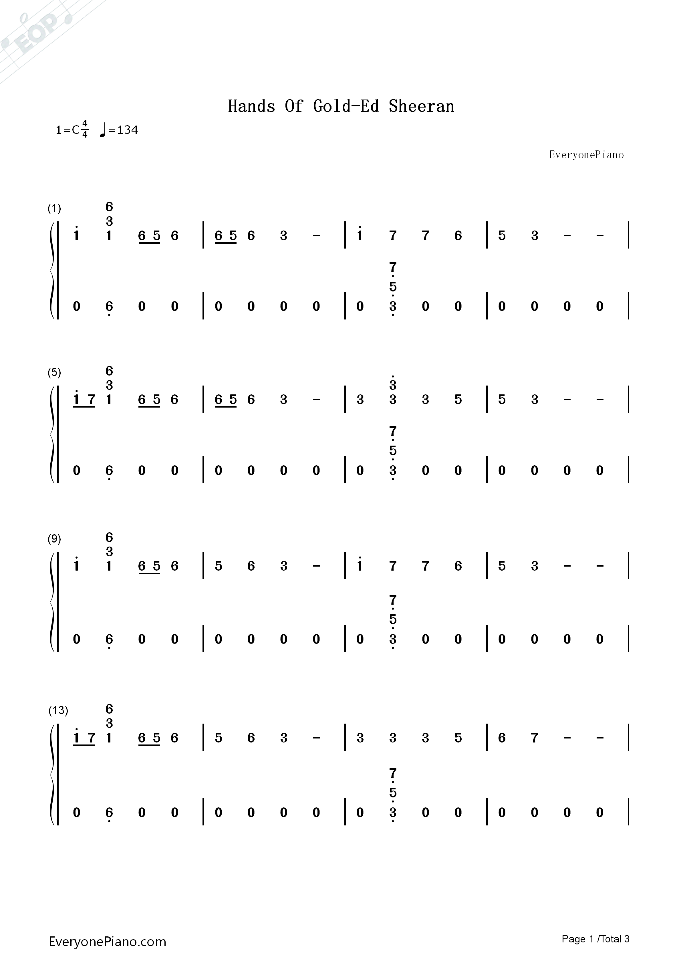 Hands_Of_Gold钢琴简谱_Ed_Sheeran演唱