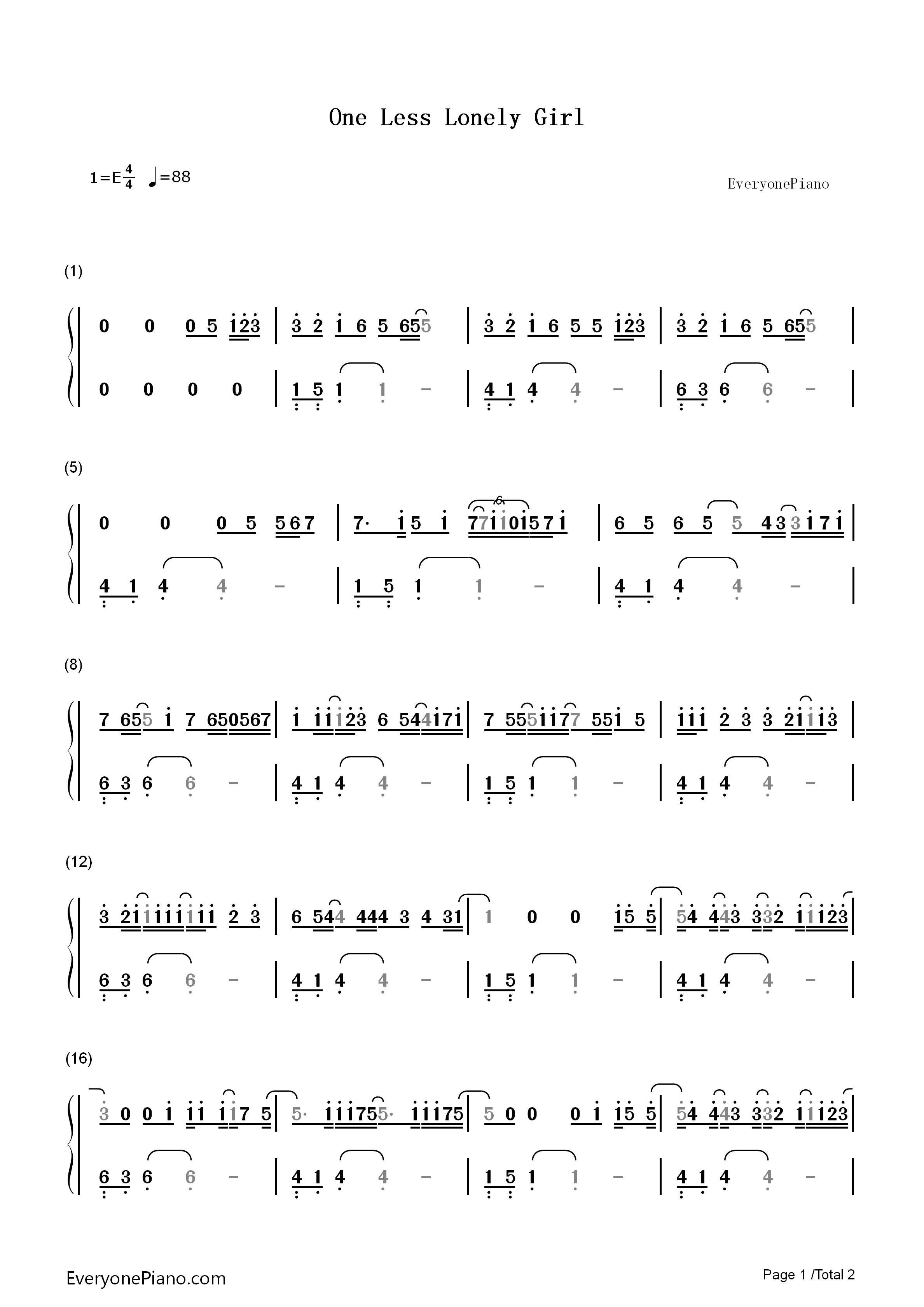 One_Less_Lonely_Girl钢琴简谱_Justin_Bieber演唱