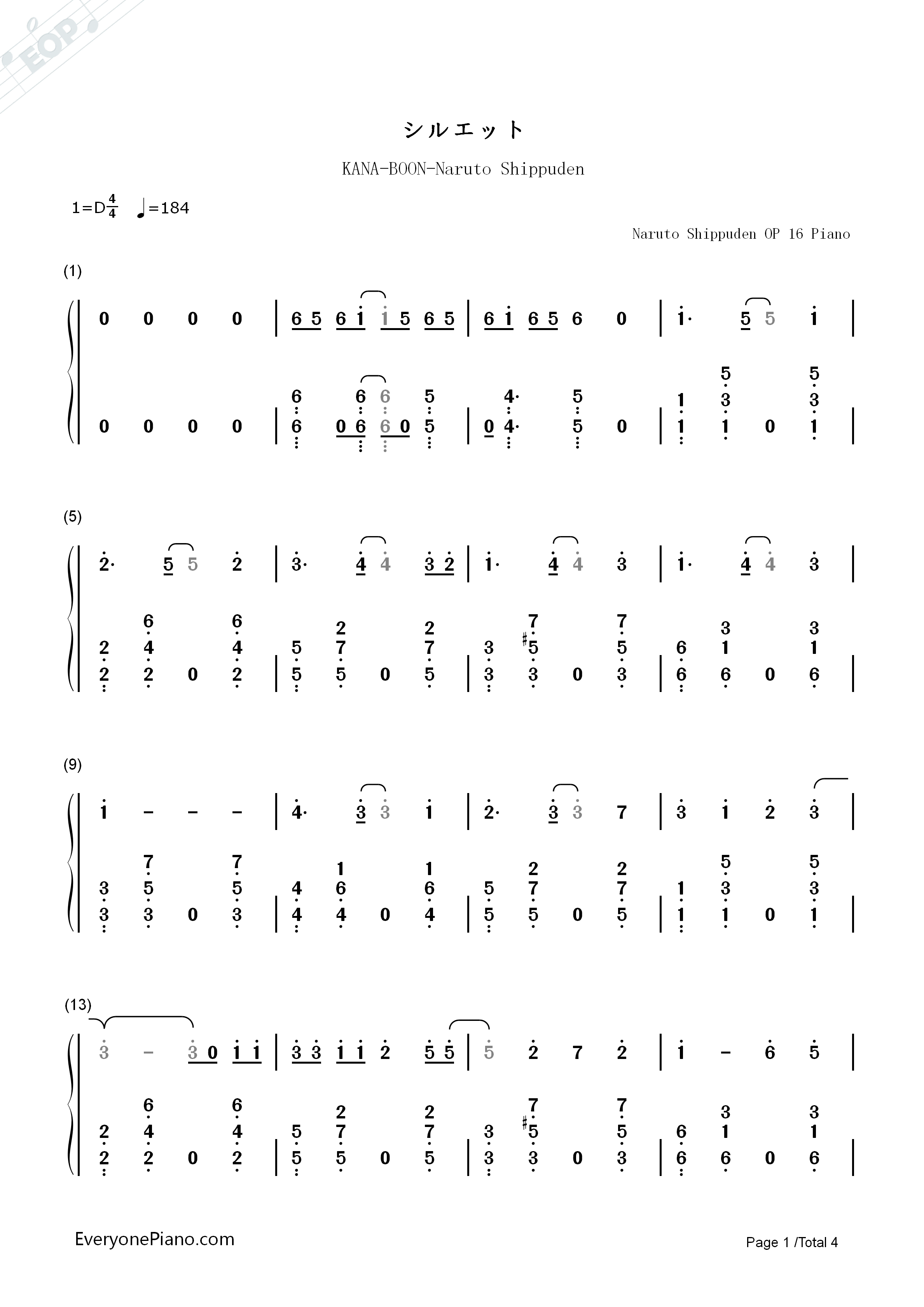 シルエット钢琴简谱_KANA_BOON演唱