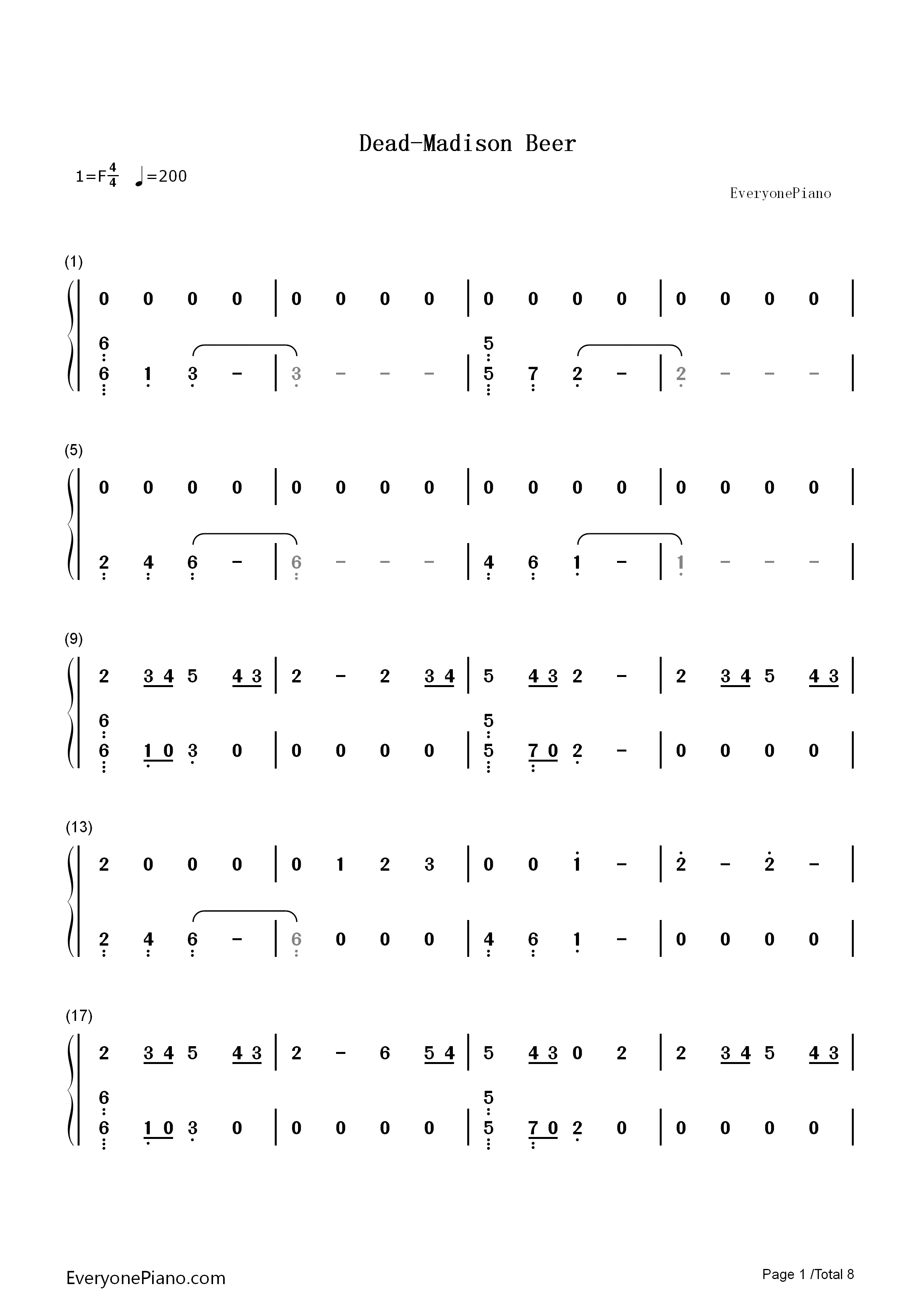 Dead钢琴简谱_Madison_Beer演唱