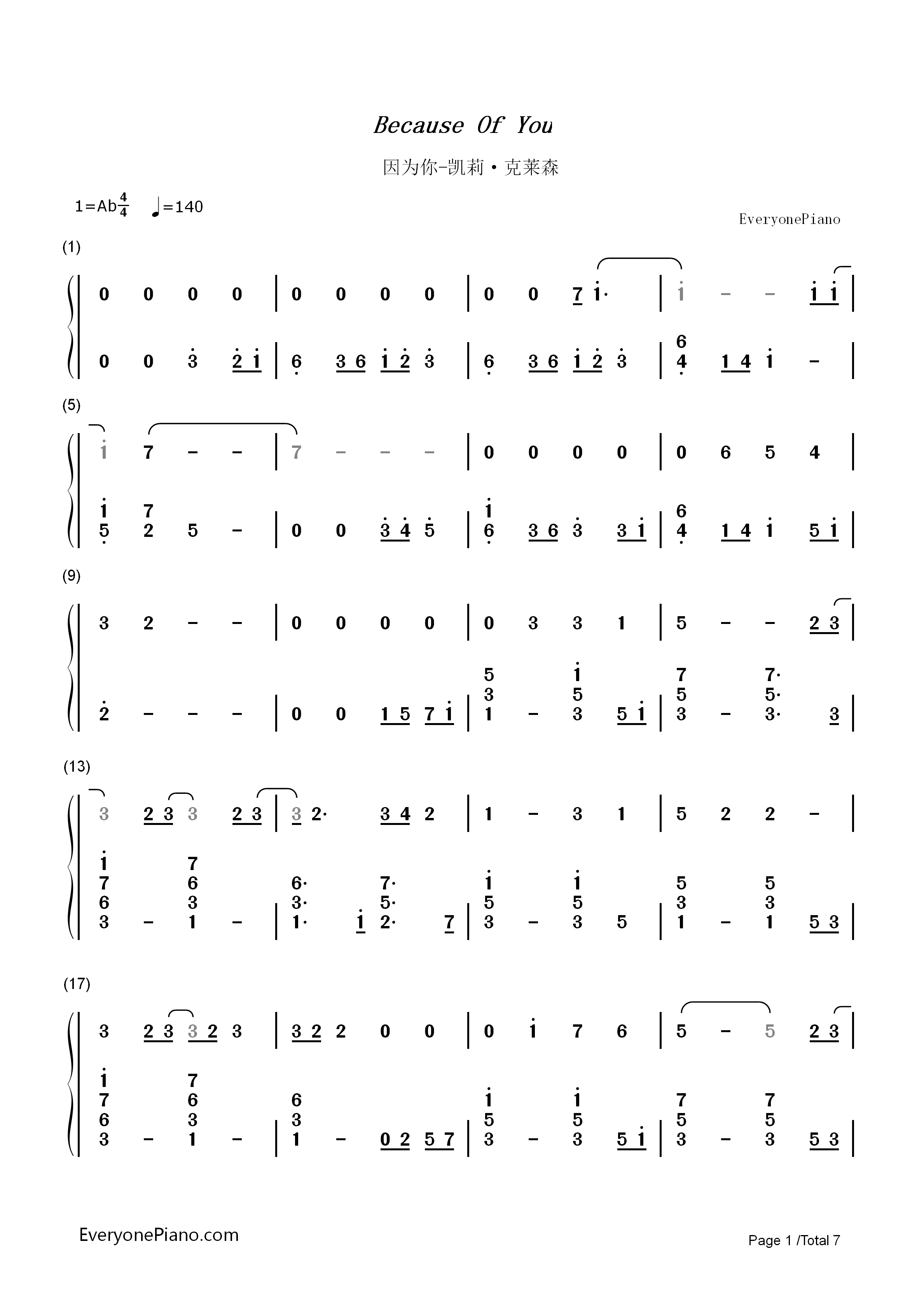 Because_Of_You钢琴简谱_凯莉·克莱森__Kelly_Clarkson演唱