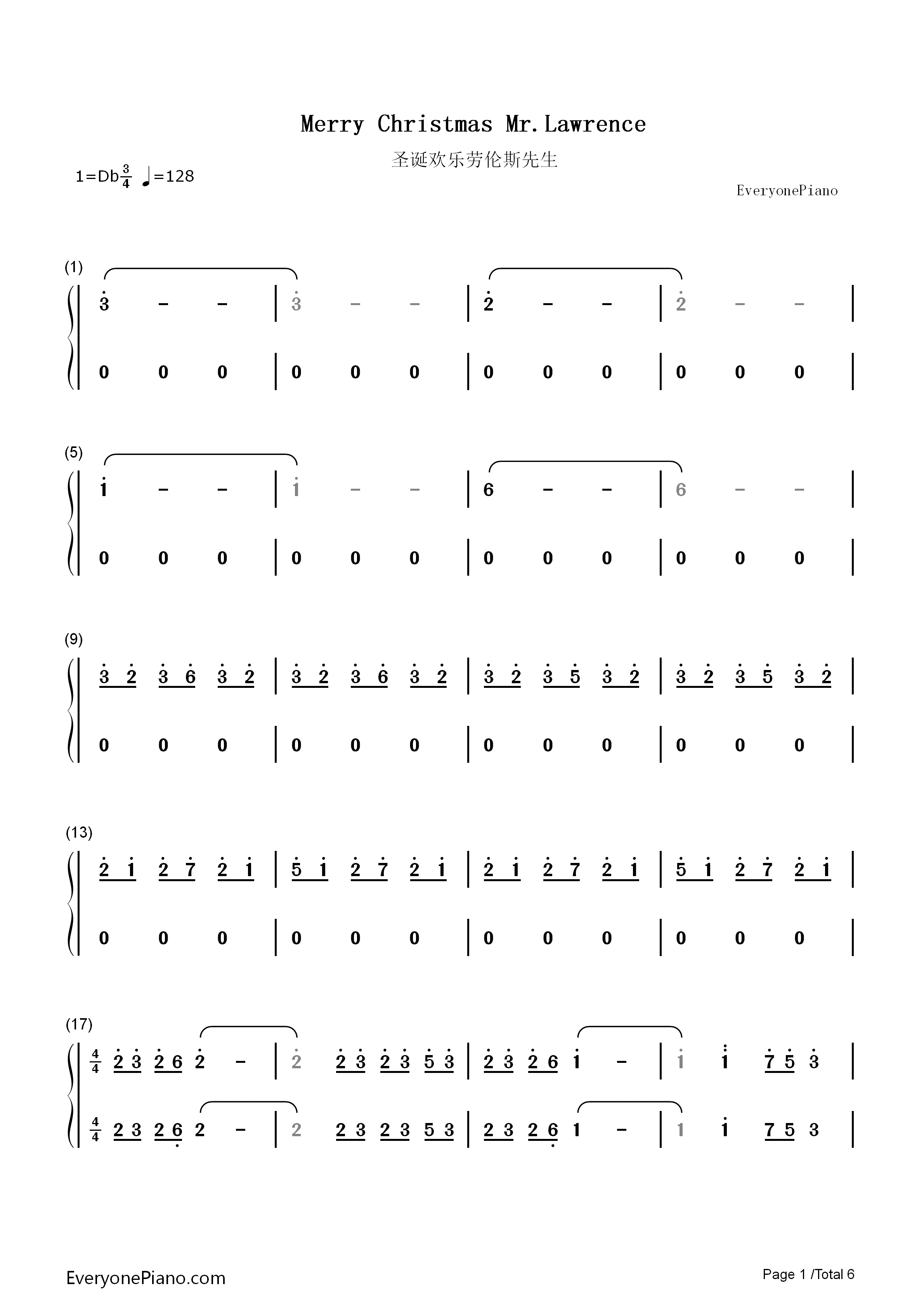 Merry_Christmas_Mr_Lawrence钢琴简谱_坂本龙一演唱