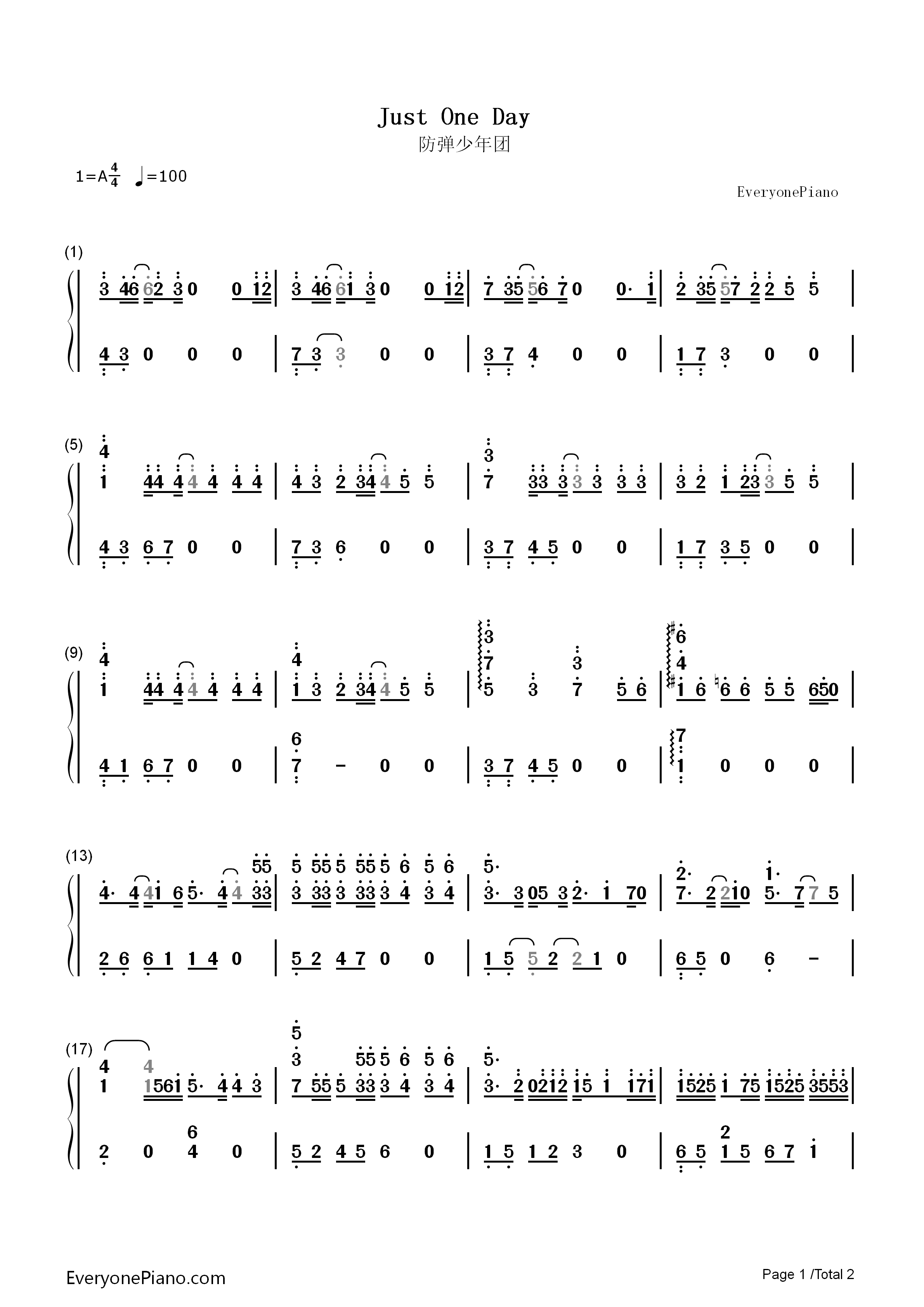 Just_One_Day钢琴简谱_防弹少年团演唱