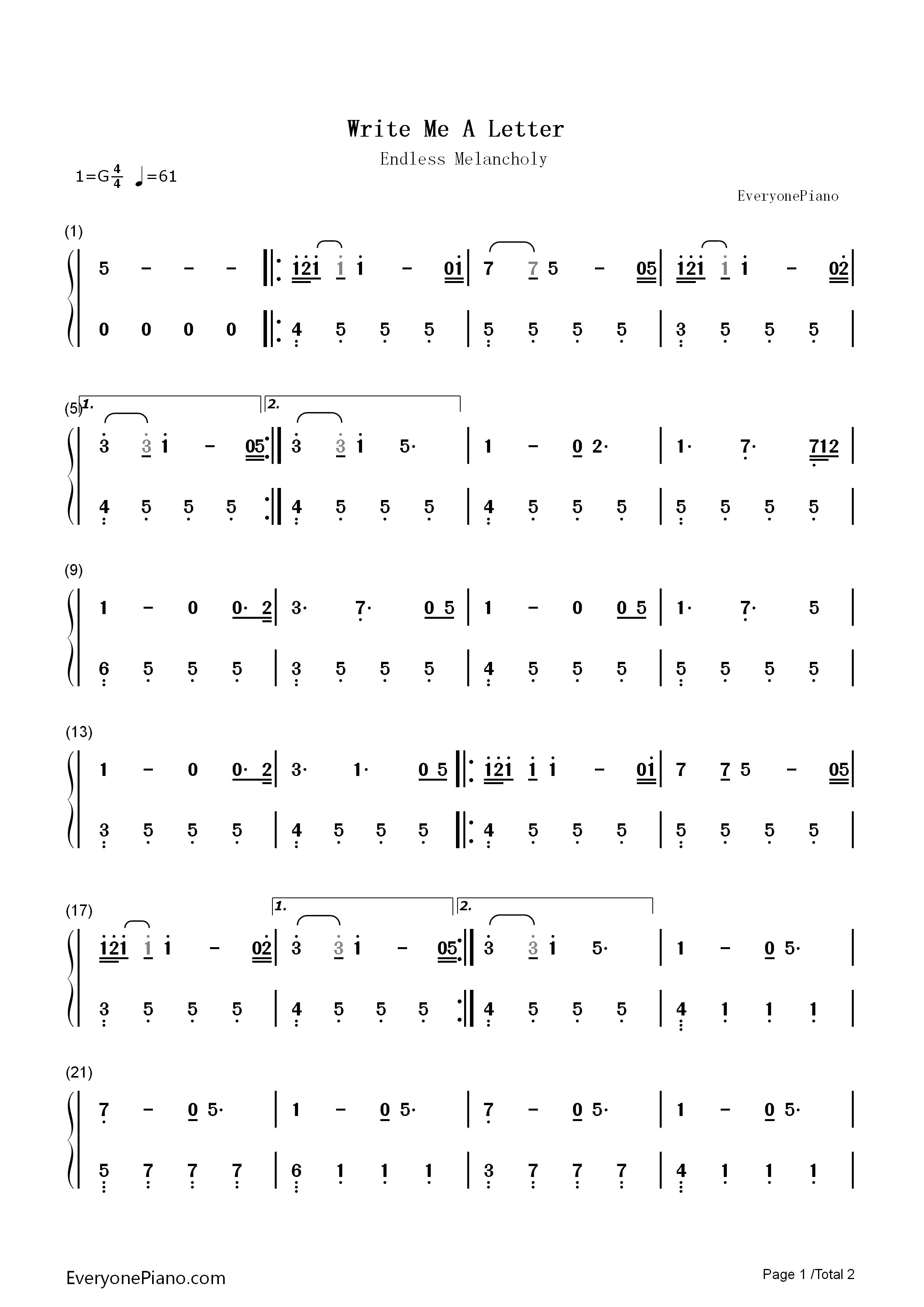 Write_Me_A_Letter钢琴简谱_Endless_Melancholy演唱