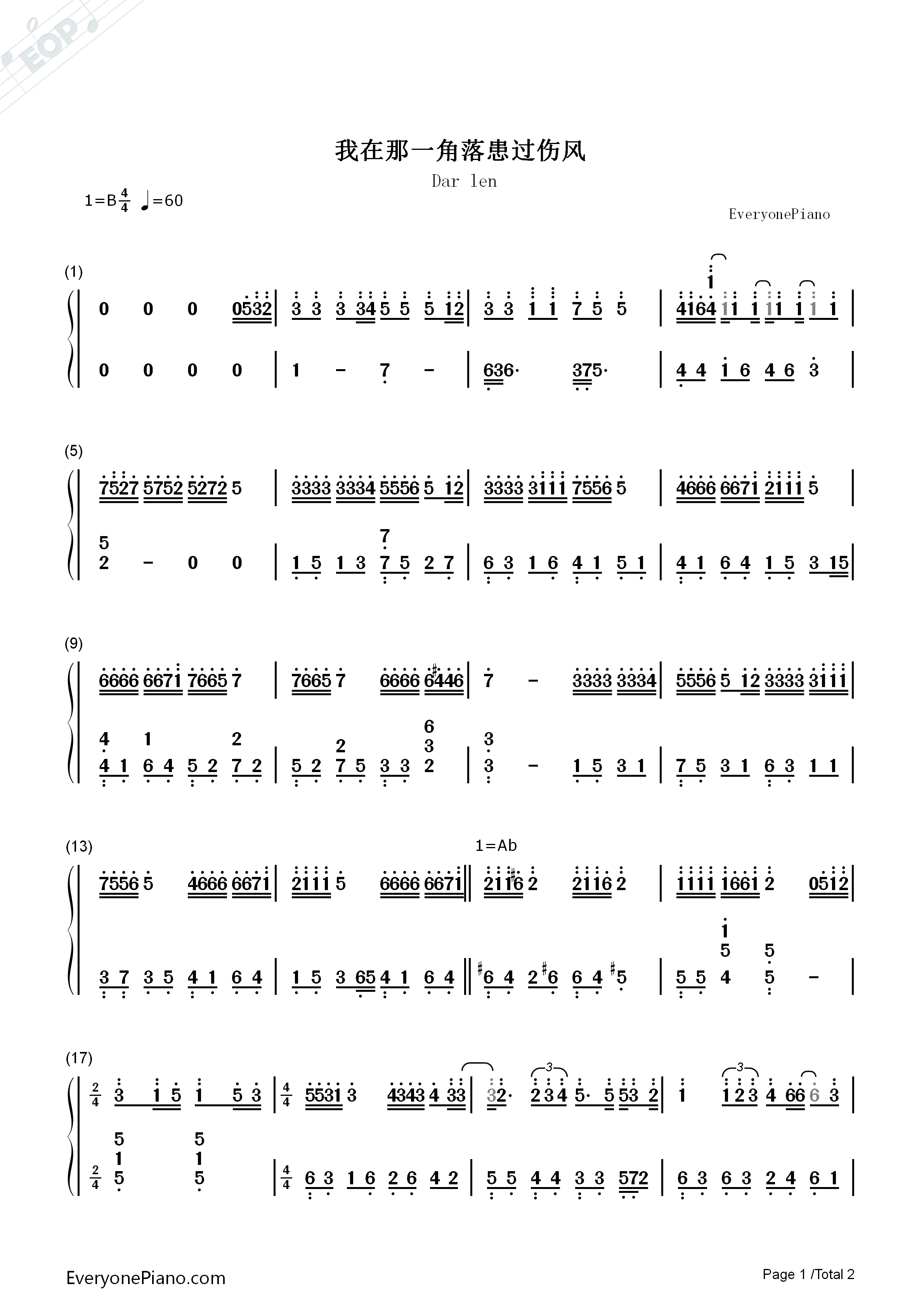 我在那一角患过伤风钢琴简谱_冯曦妤演唱