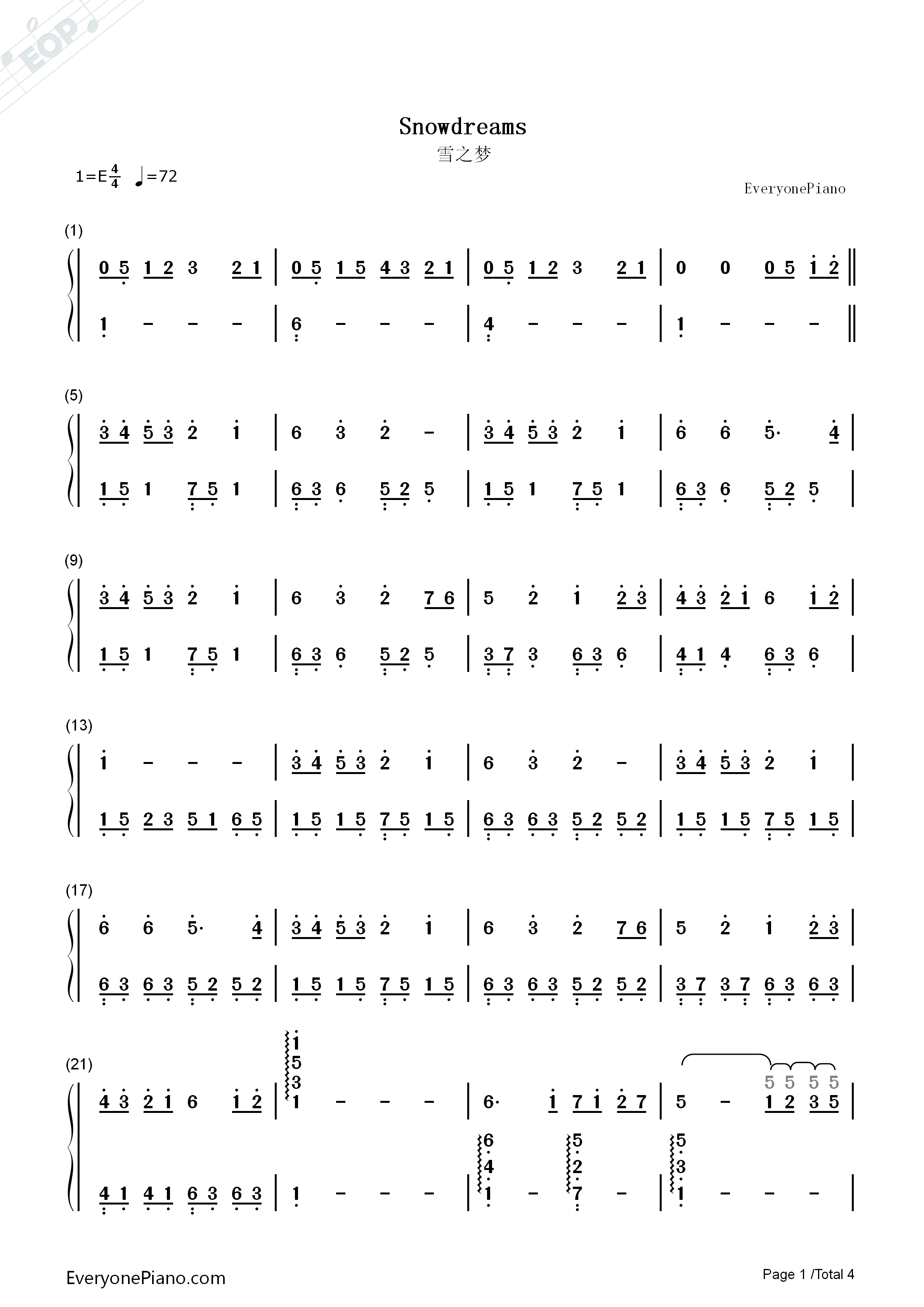 雪之梦钢琴简谱_班得瑞_Bandari演唱