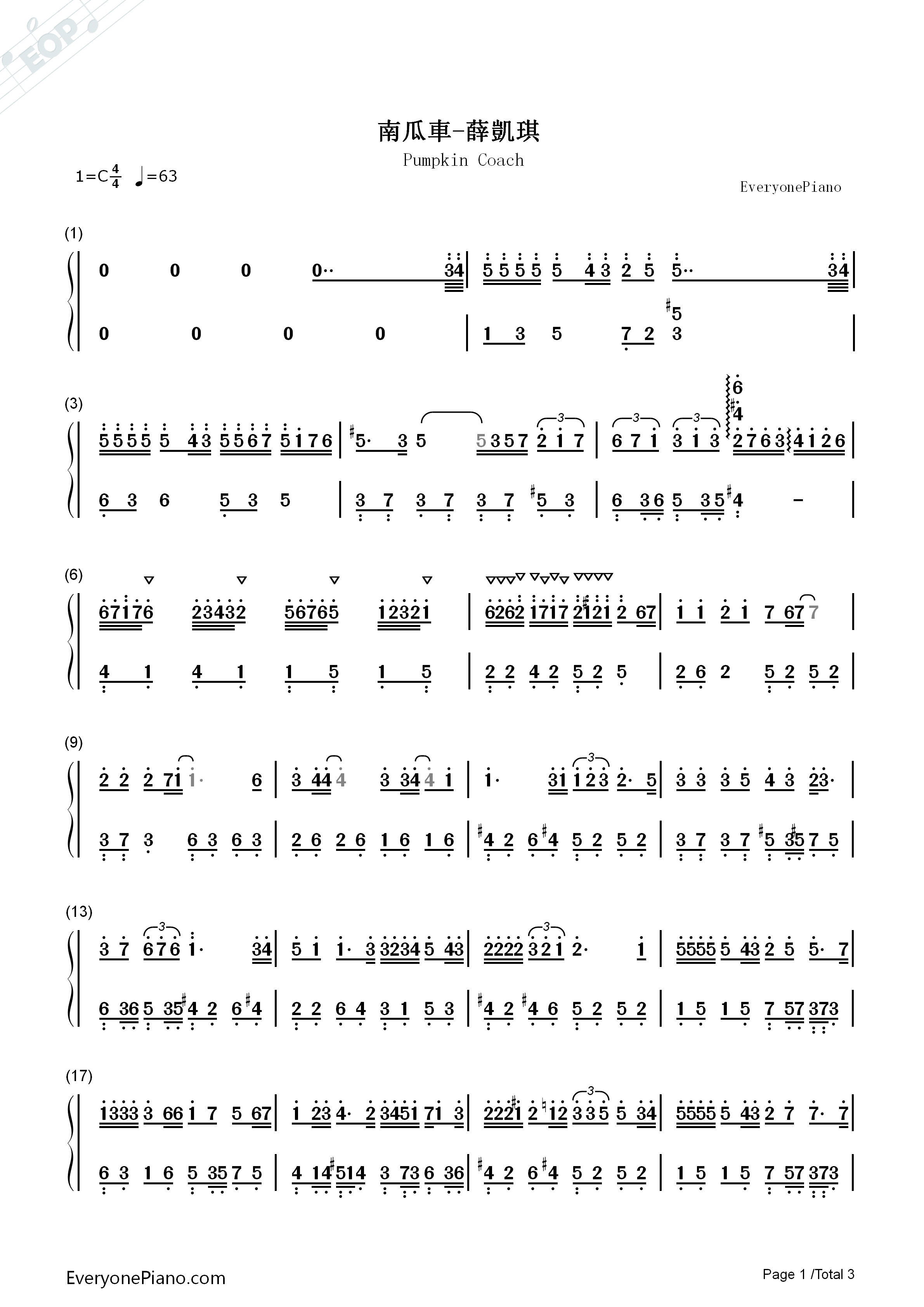 南瓜车钢琴简谱_薛凯琪演唱