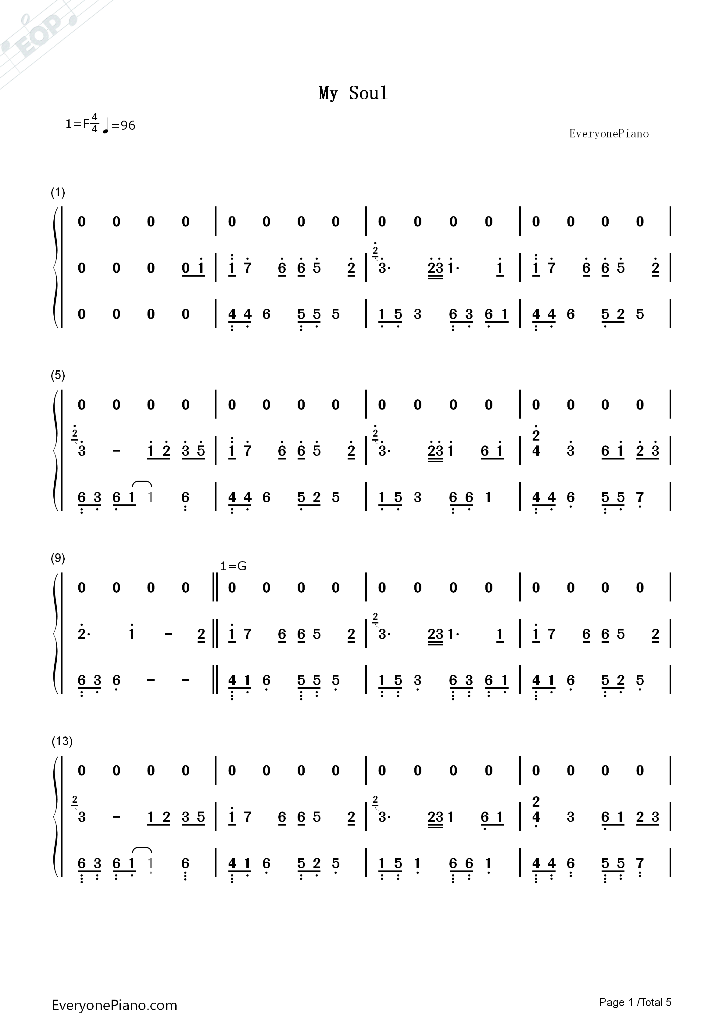 My_Soul钢琴简谱_July演唱