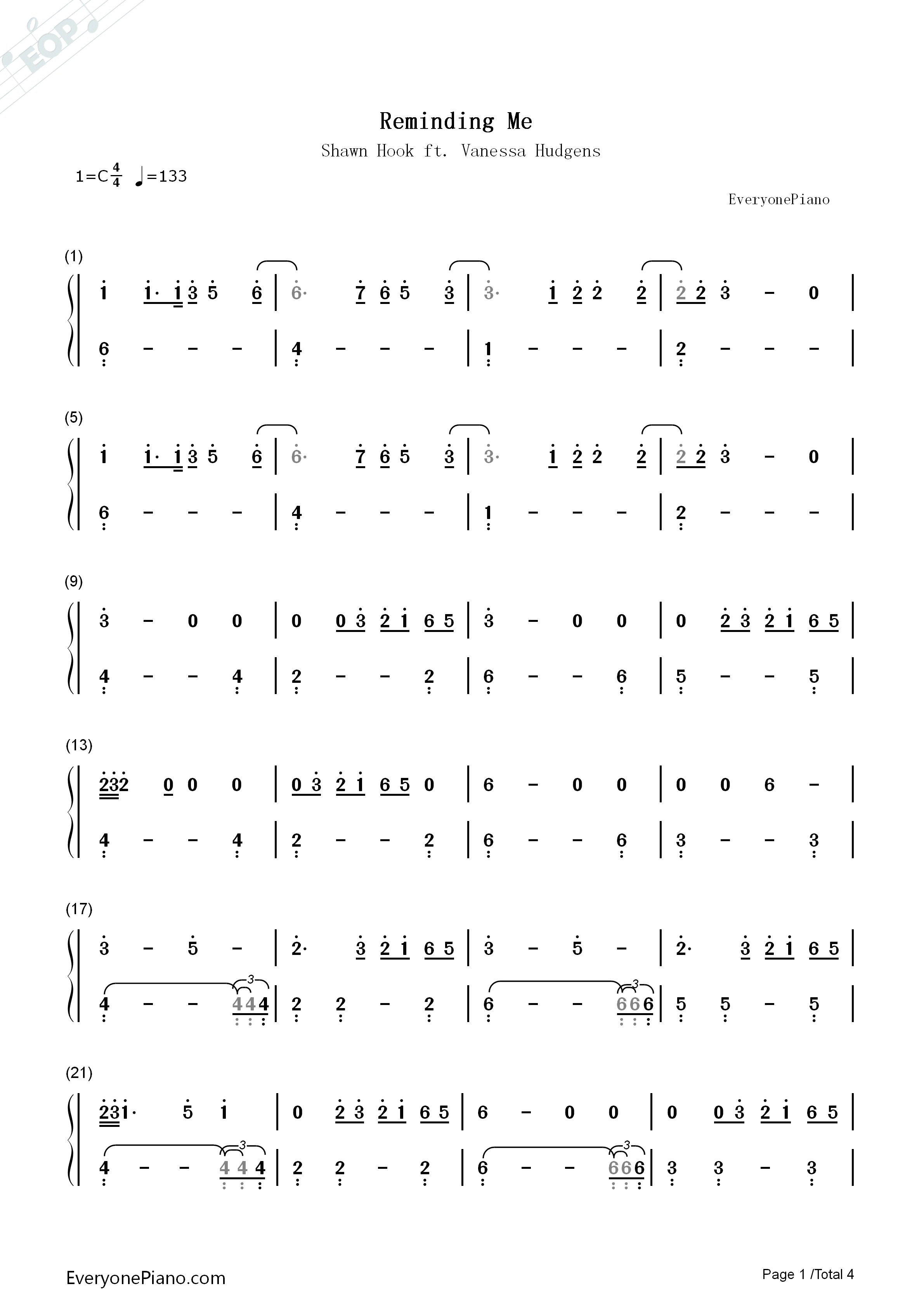 Reminding_Me钢琴简谱_Shawn_Hook_Vanessa_Hudgens演唱
