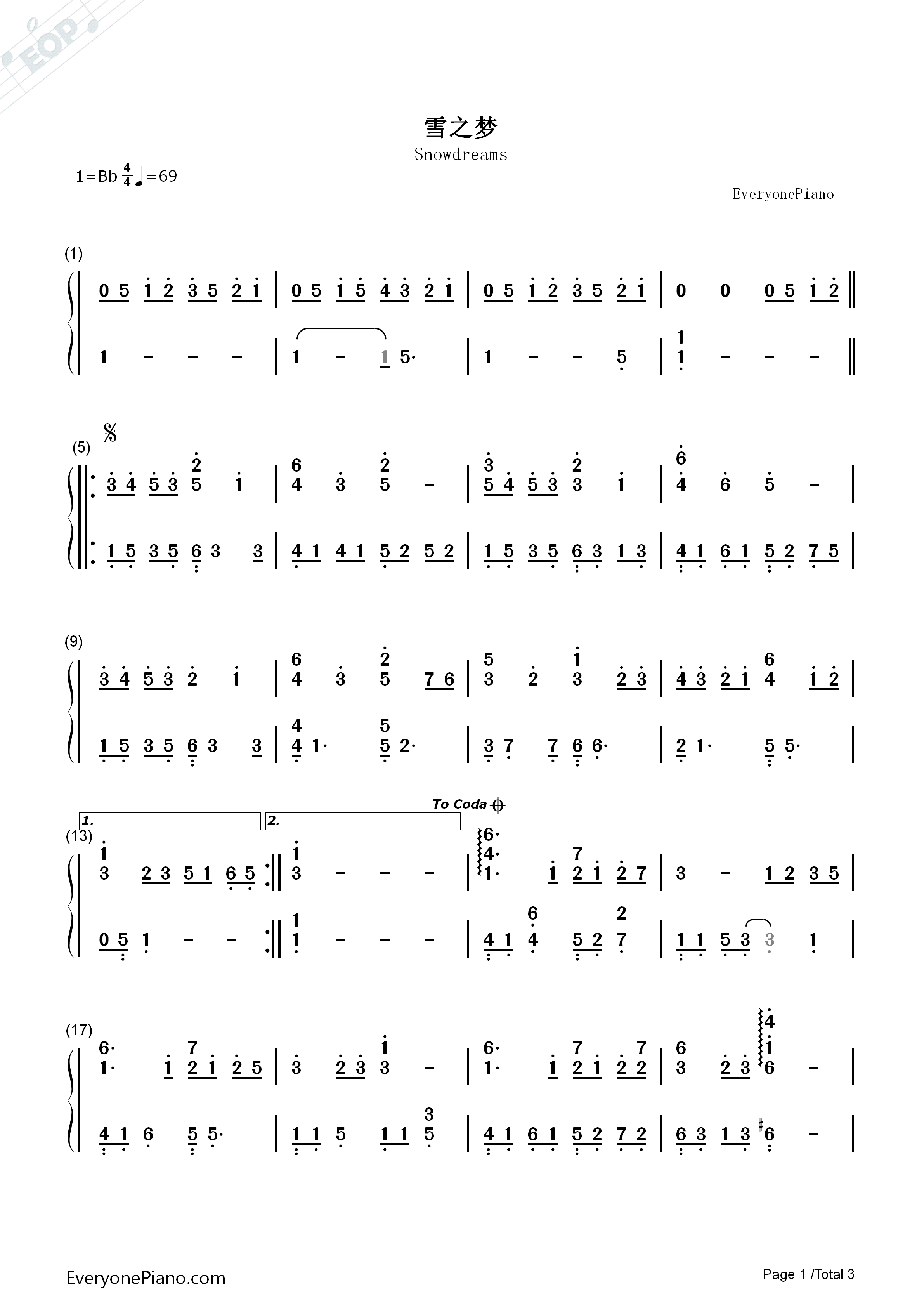 雪之梦钢琴简谱_班得瑞演唱
