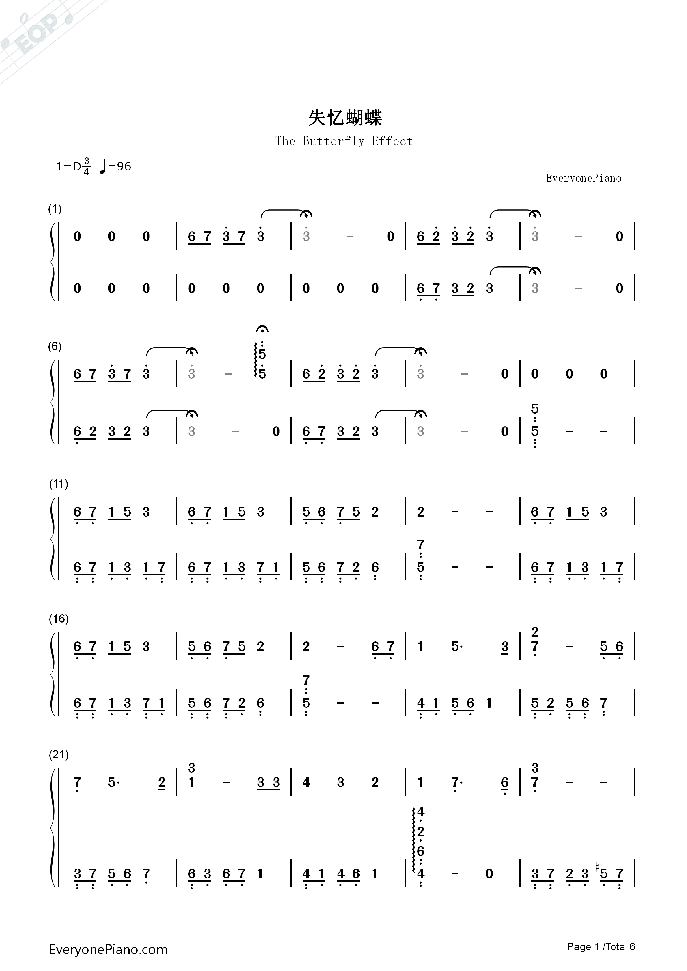 失忆蝴蝶钢琴简谱_陈奕迅演唱