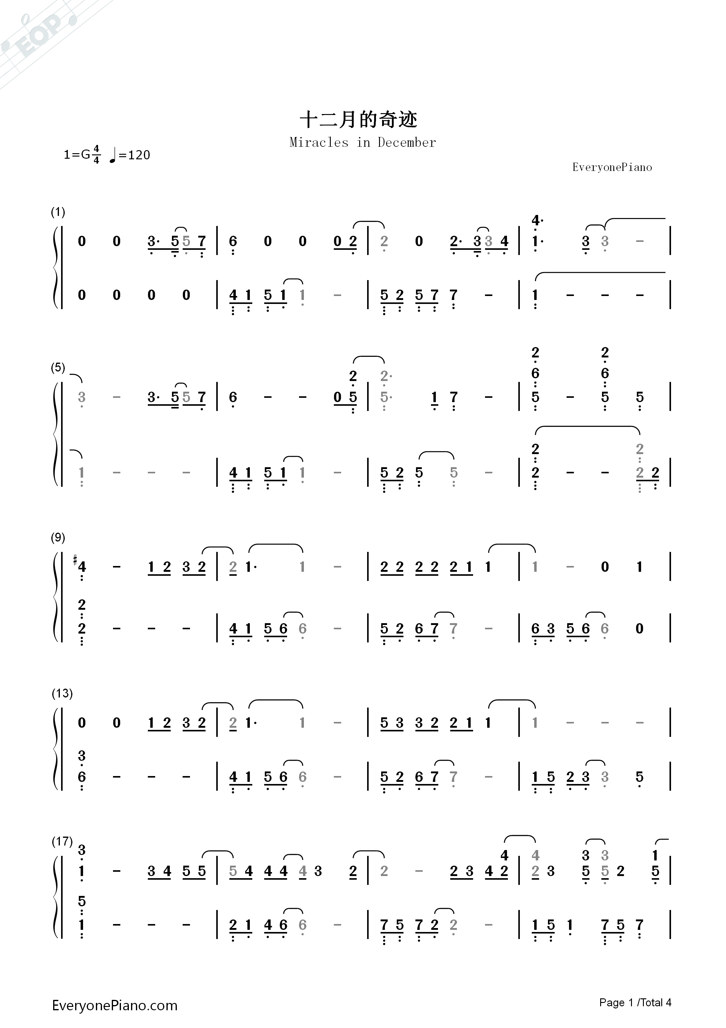 十二月的奇迹钢琴简谱_EXO演唱