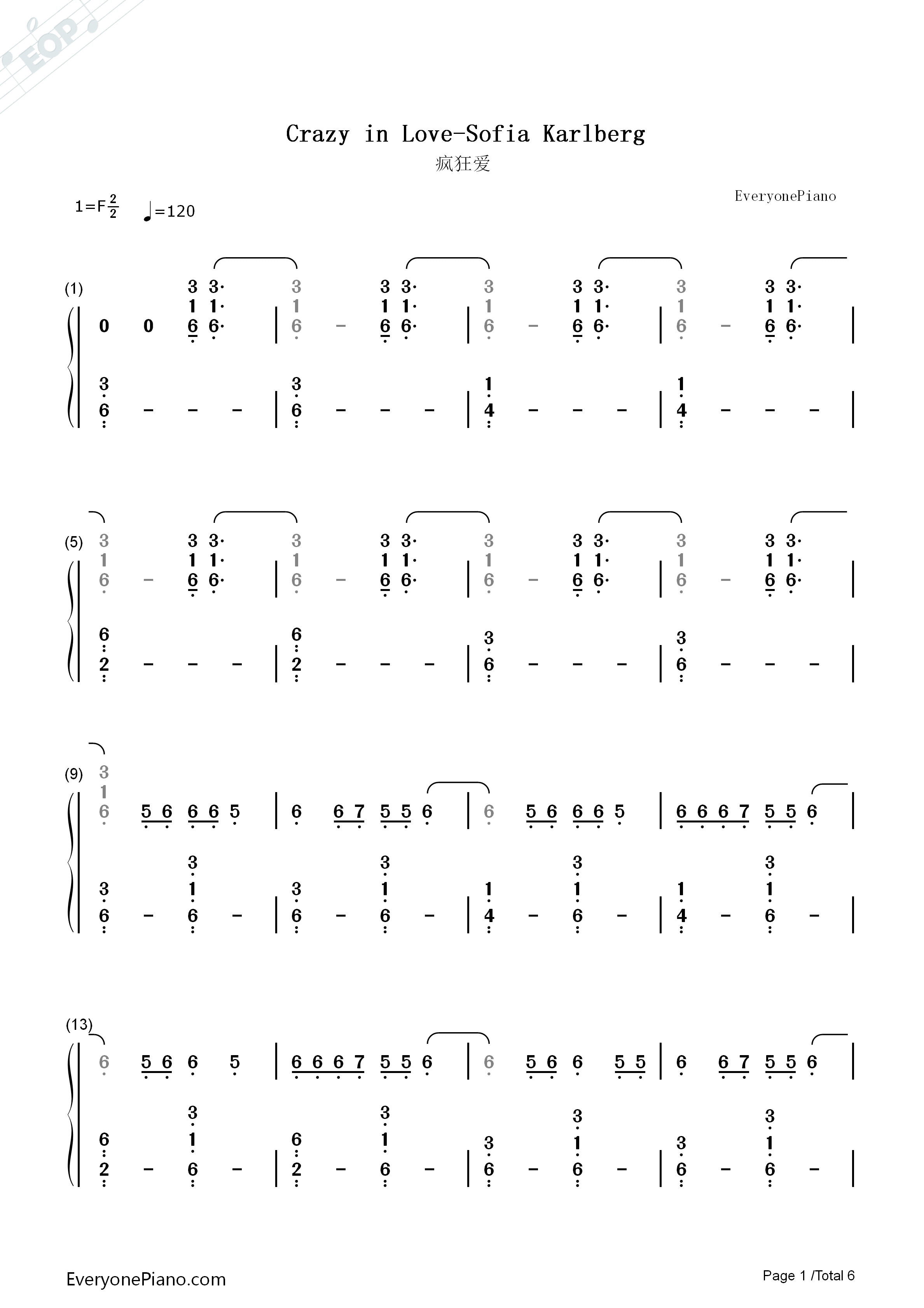 Crazy_in_Love钢琴简谱_Sofia_Karlberg演唱