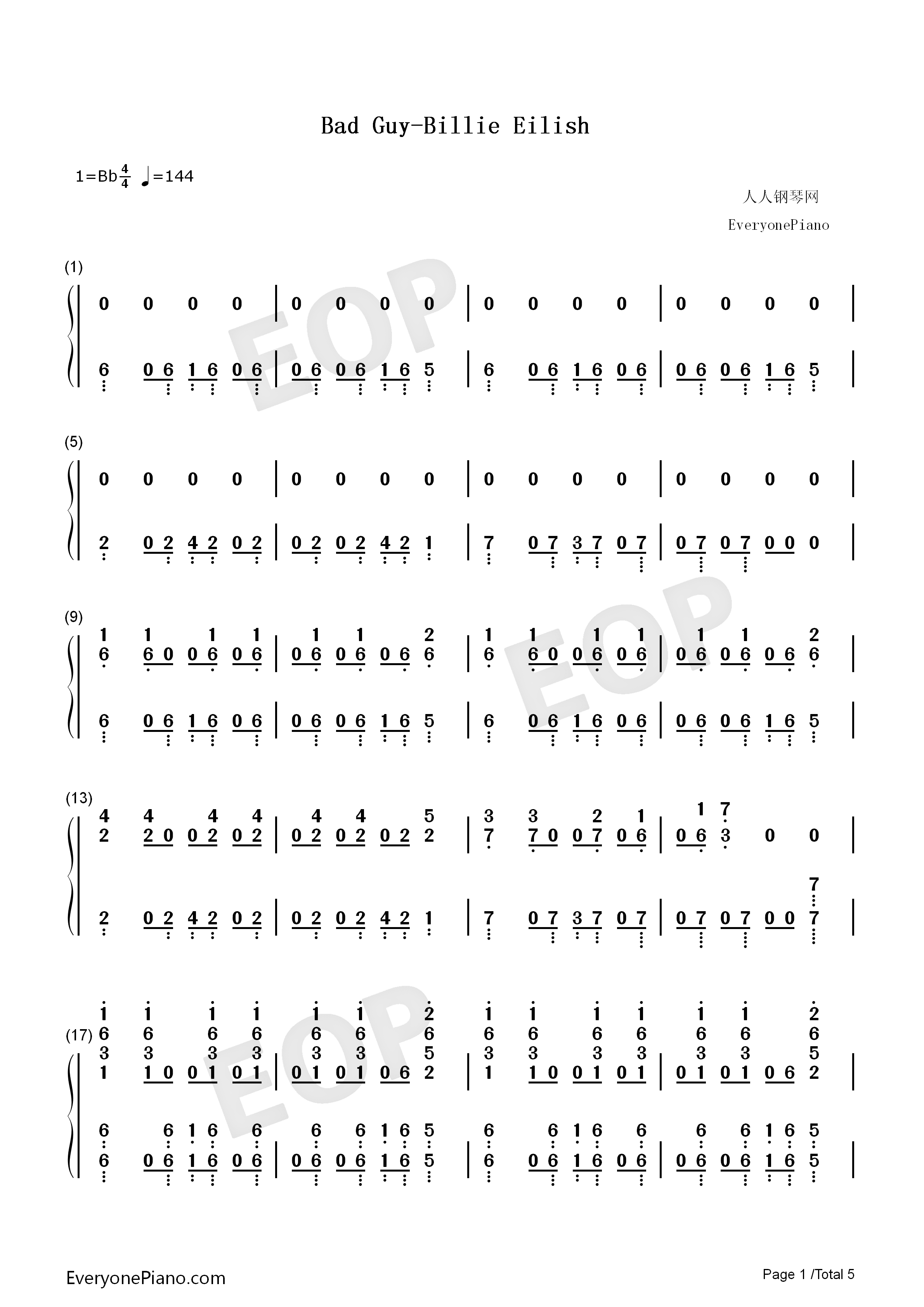 Bad_Guy钢琴简谱_Billie_Eilish演唱