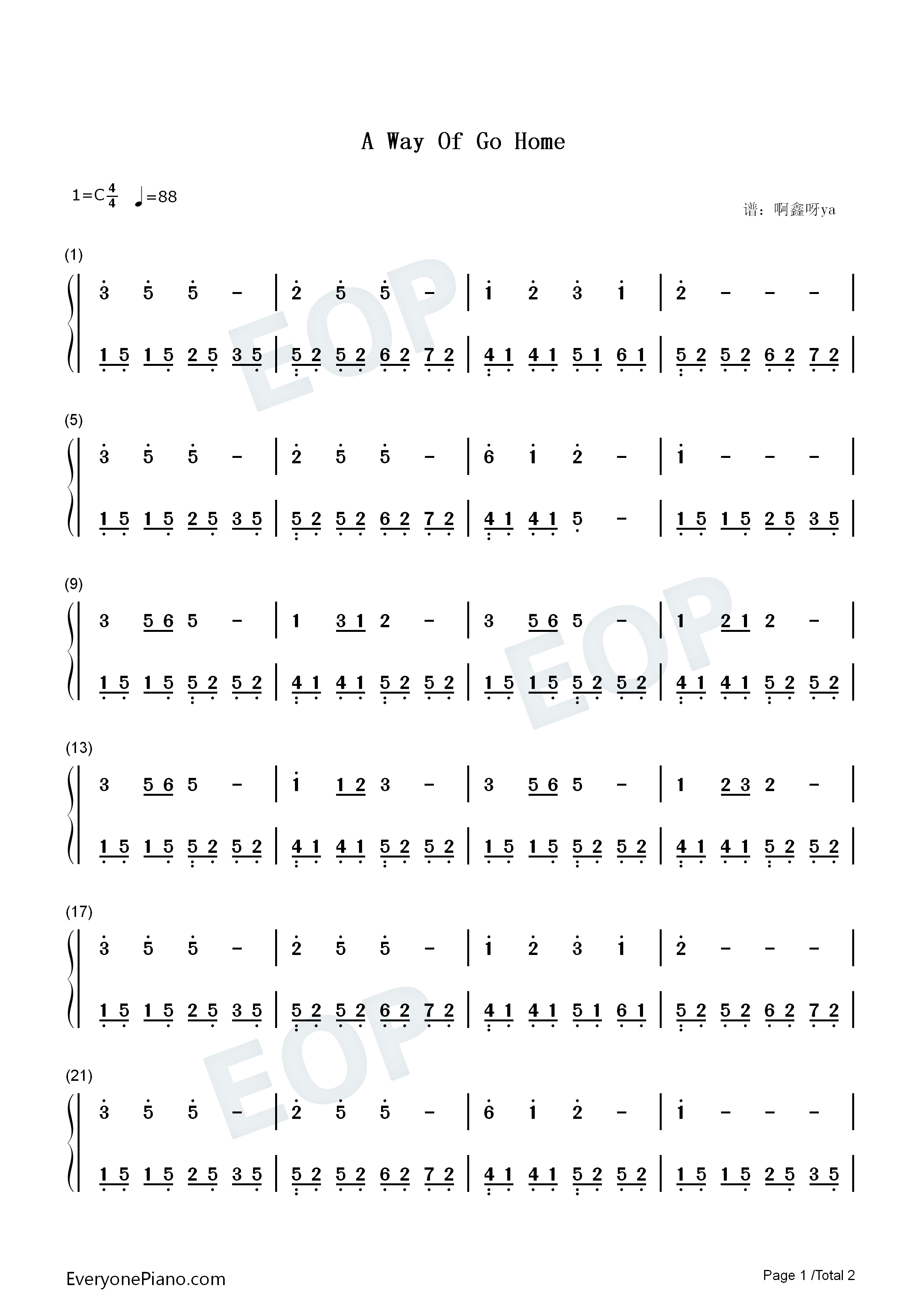 A_Way_Of_Go_Home钢琴简谱_啊鑫呀ya演唱