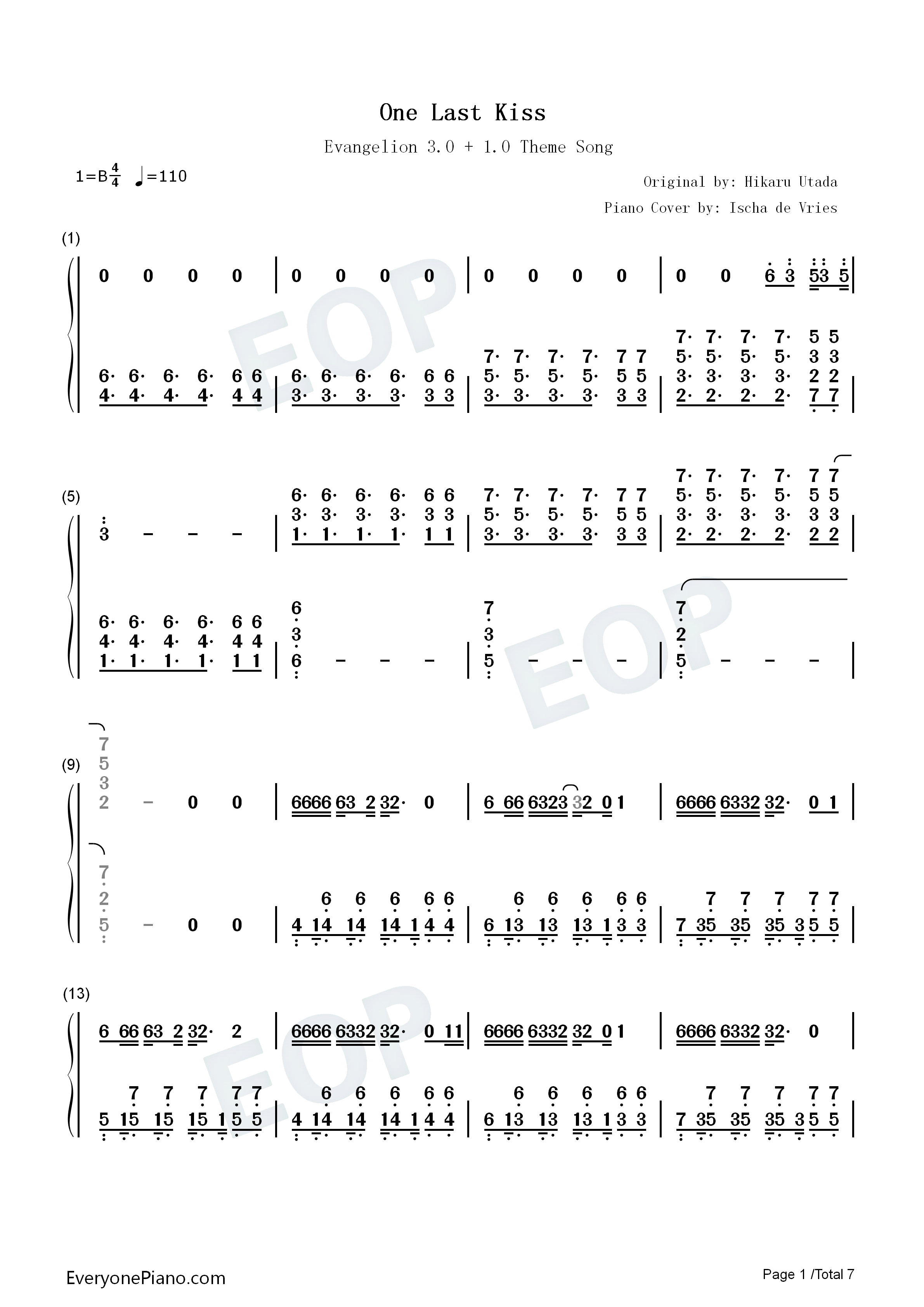 One_Last_Kiss钢琴简谱_宇多田光演唱