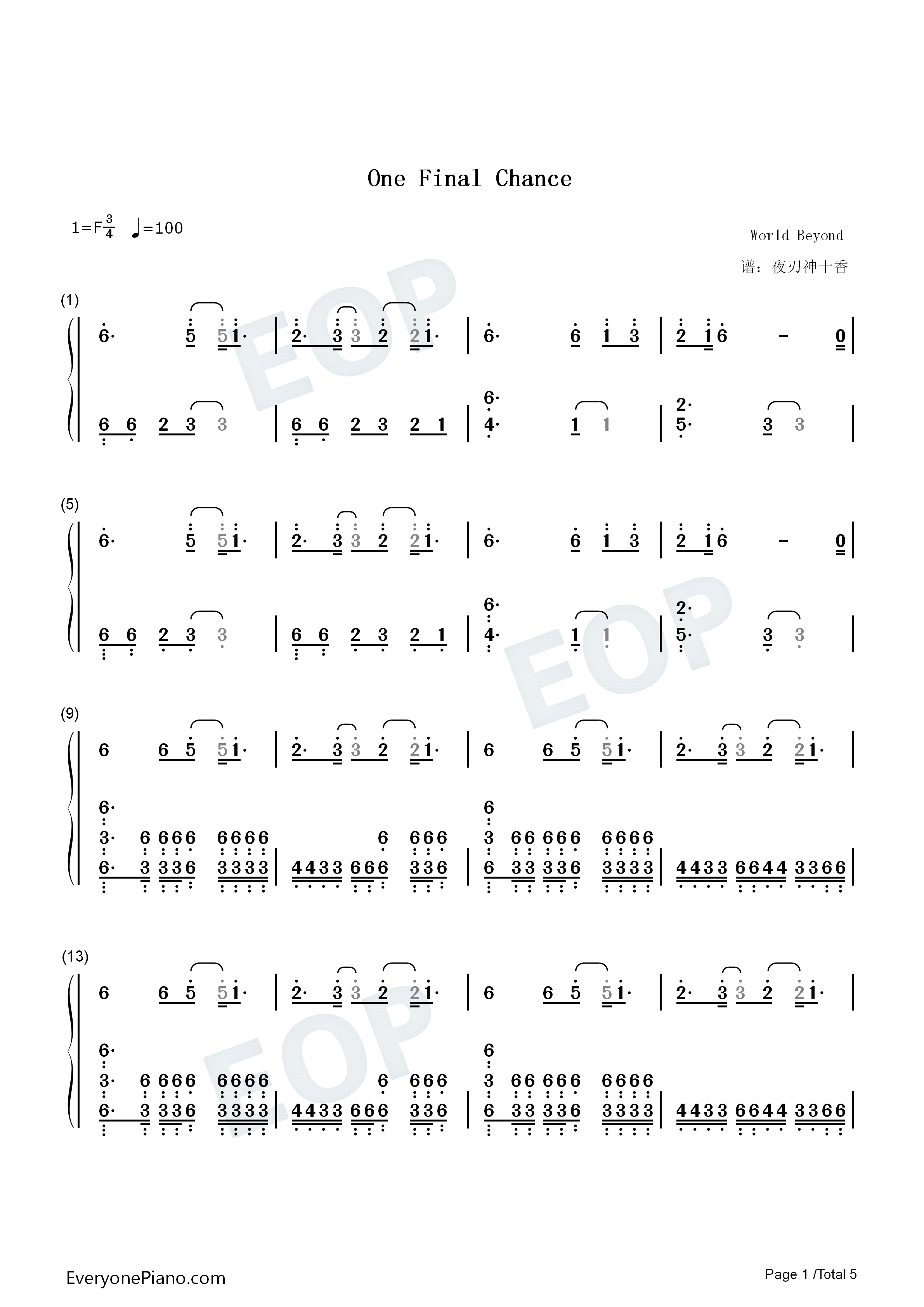 One_Final_Chance钢琴简谱_World_Beyond演唱
