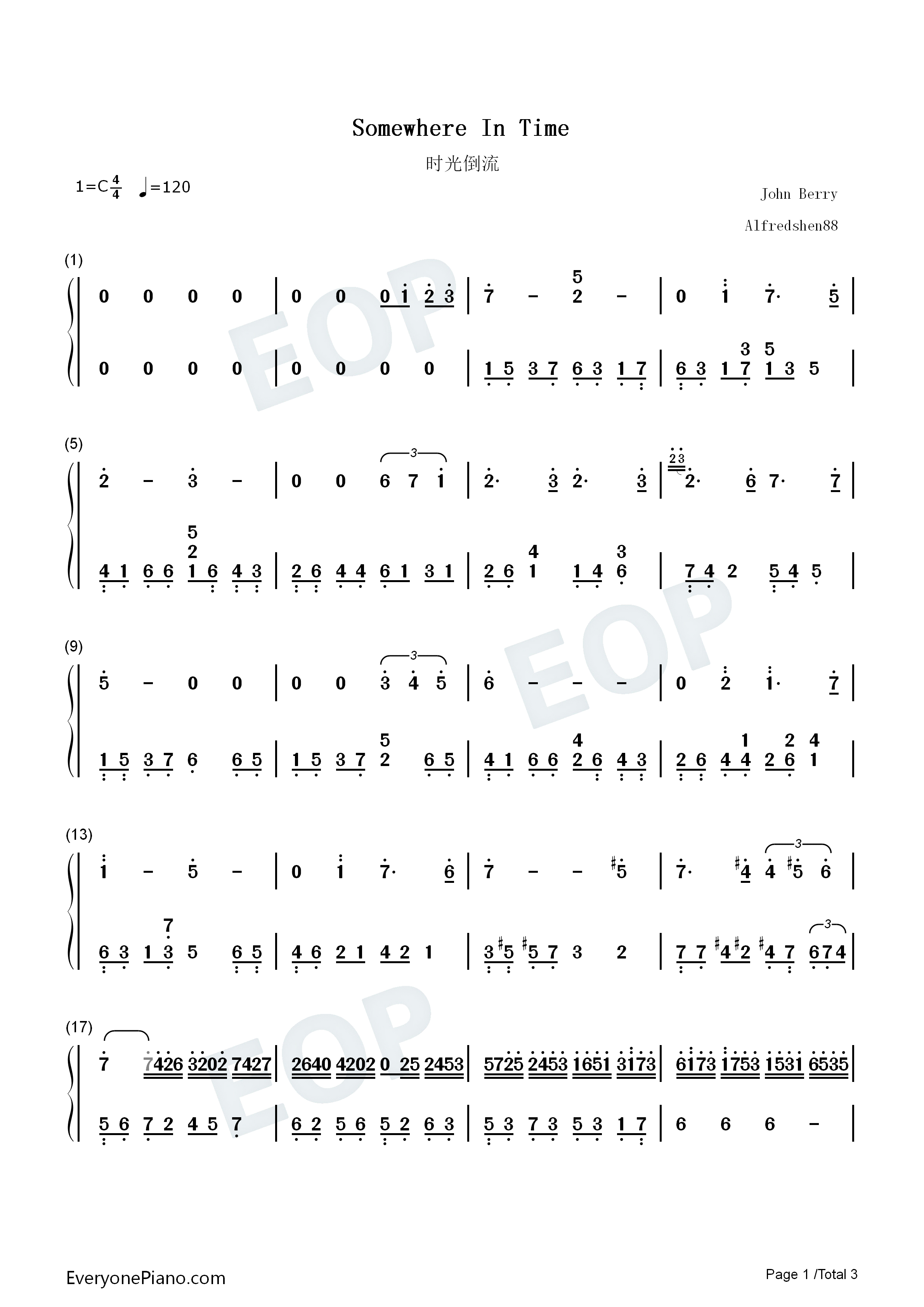 时光倒流钢琴简谱_JOHN_BEANY演唱