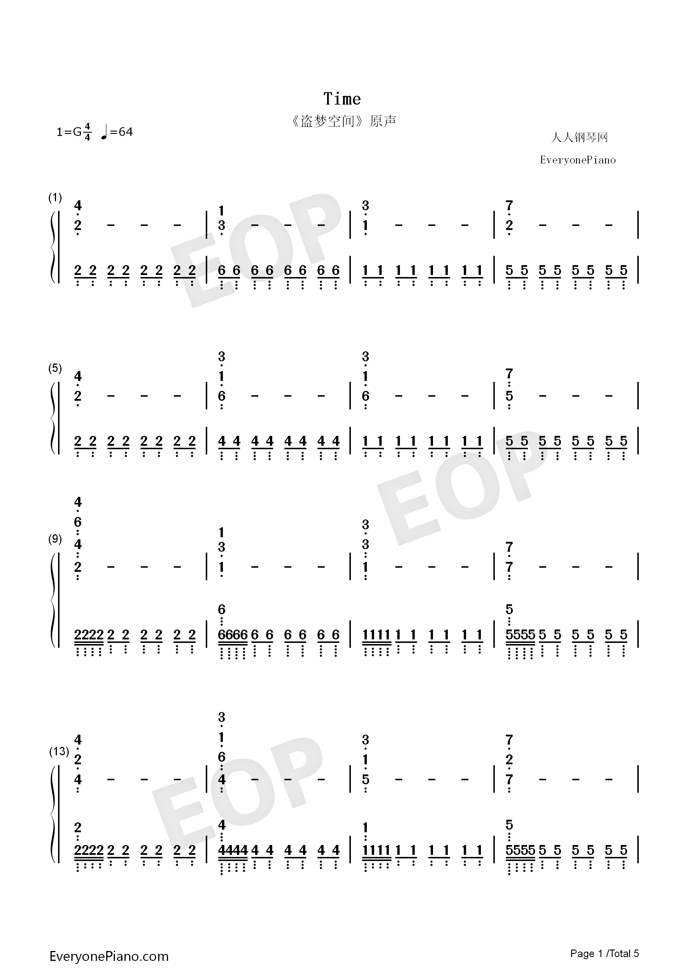 Time钢琴简谱_Hans_Zimmer演唱