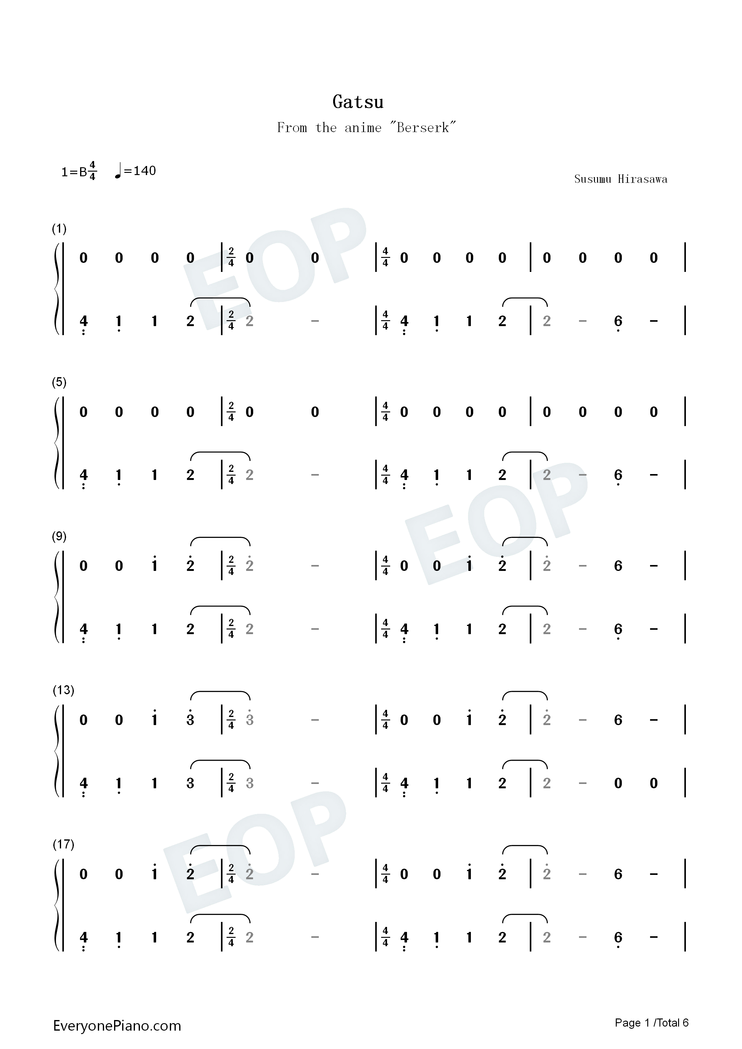 Gatsu_钢琴简谱_Susumu_Hirasawa演唱