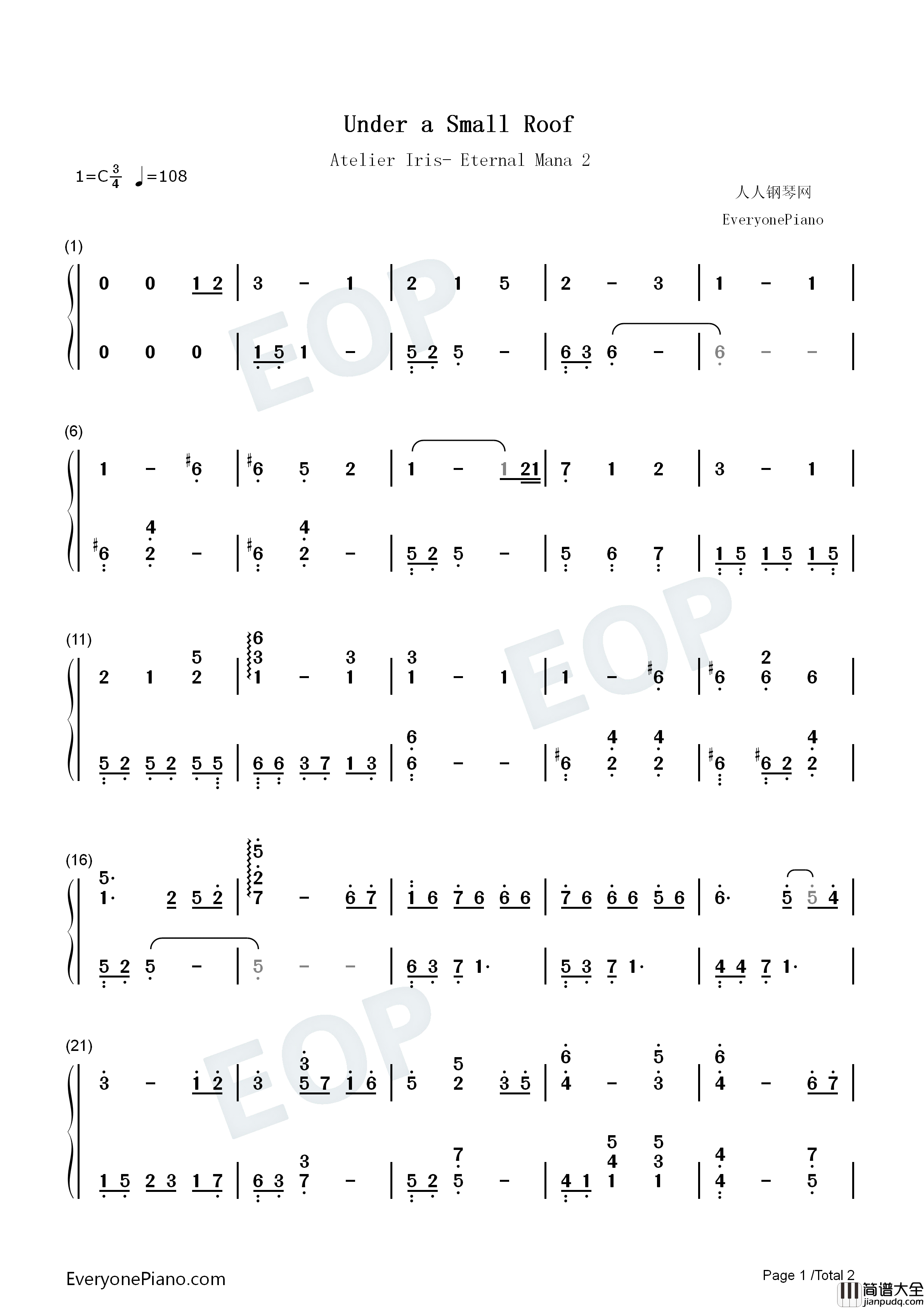 Under_a_Small_Roof钢琴简谱_Ken_Nakagawa__Daisuke_Achiwa演唱