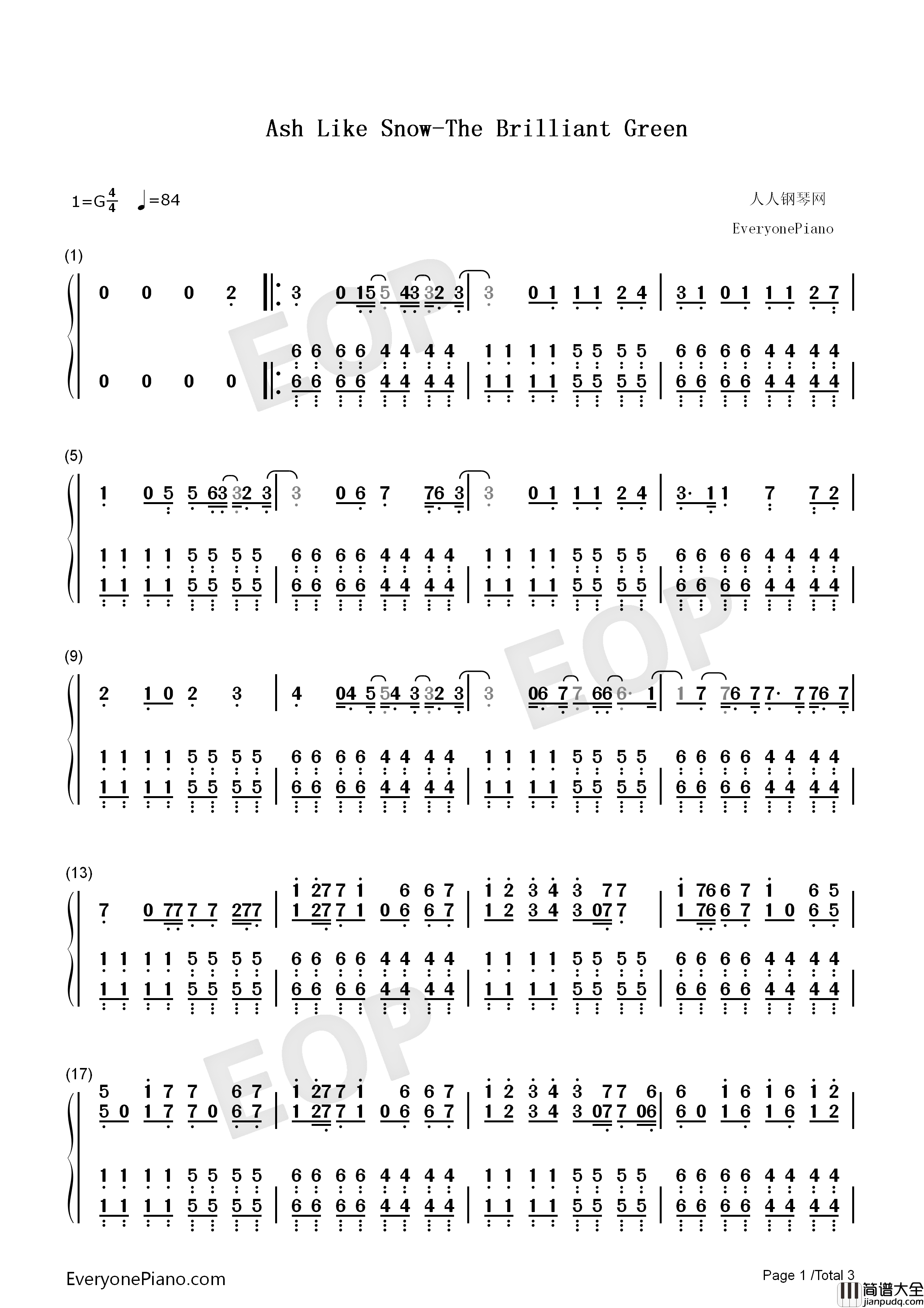 ASH_LIKE_SNOW钢琴简谱_The_Brilliant_Green__绿乐团演唱