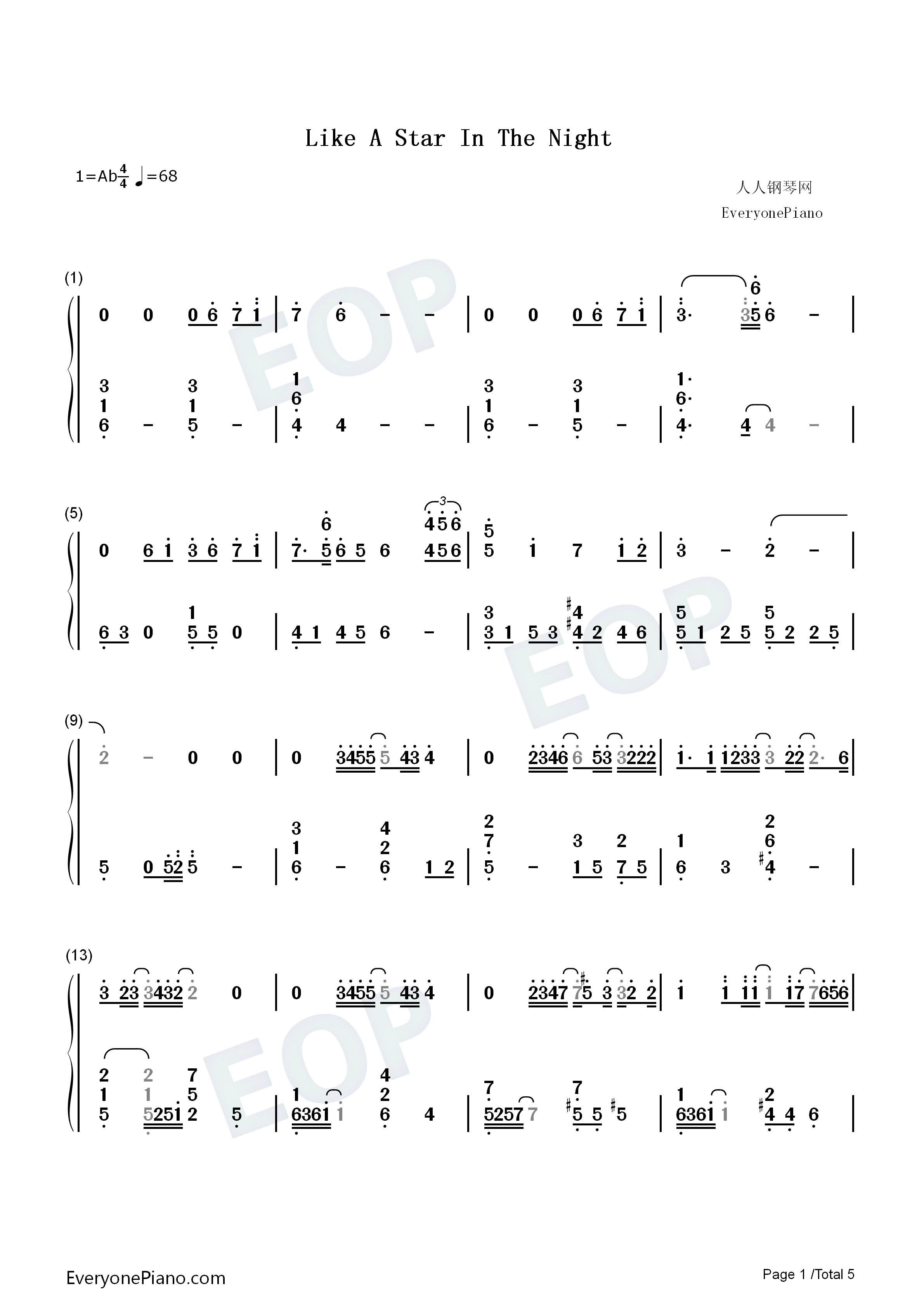 Like_a_star_in_the_night钢琴简谱_仓木麻衣演唱