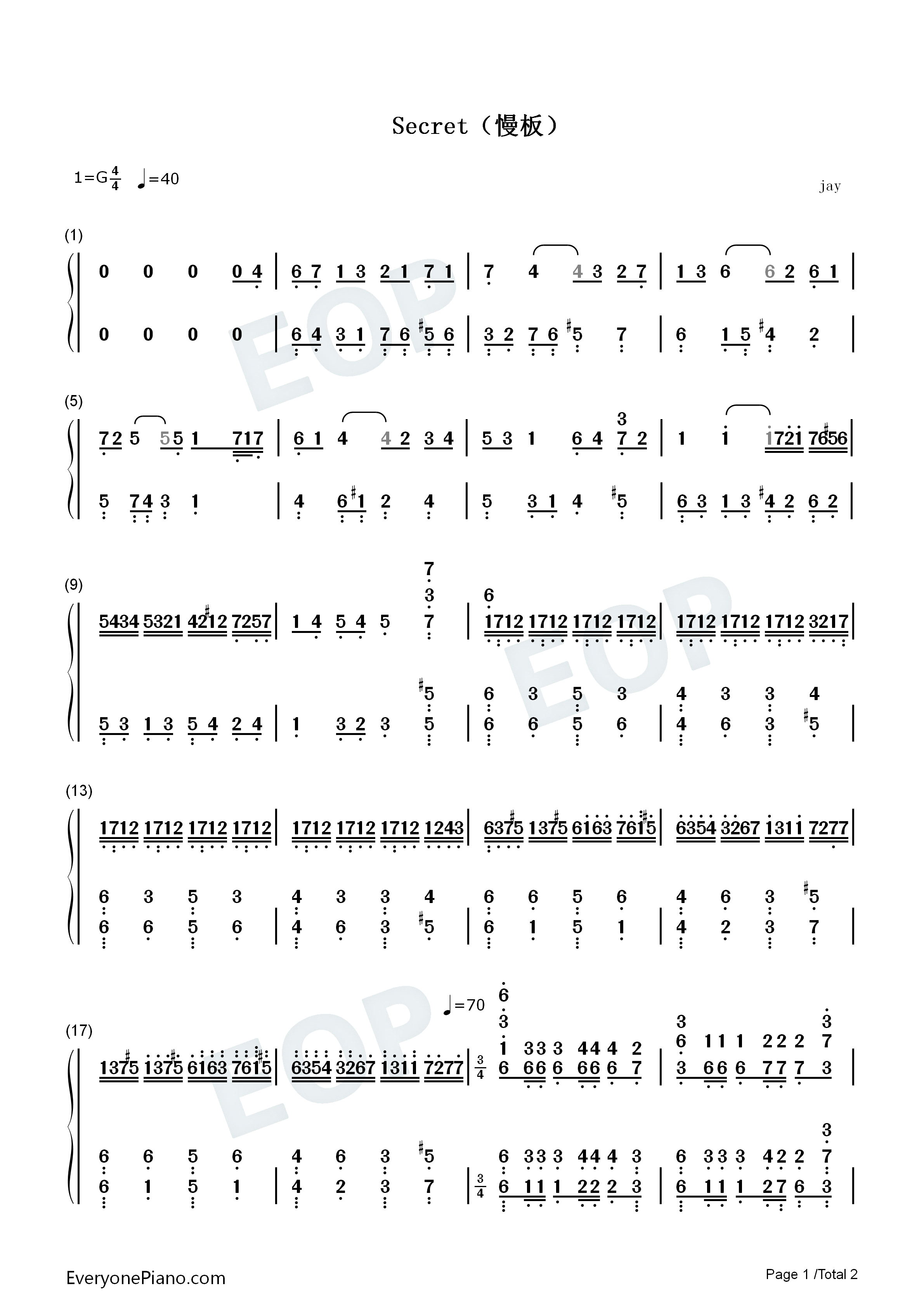 secret(慢板)钢琴简谱_周杰伦演唱