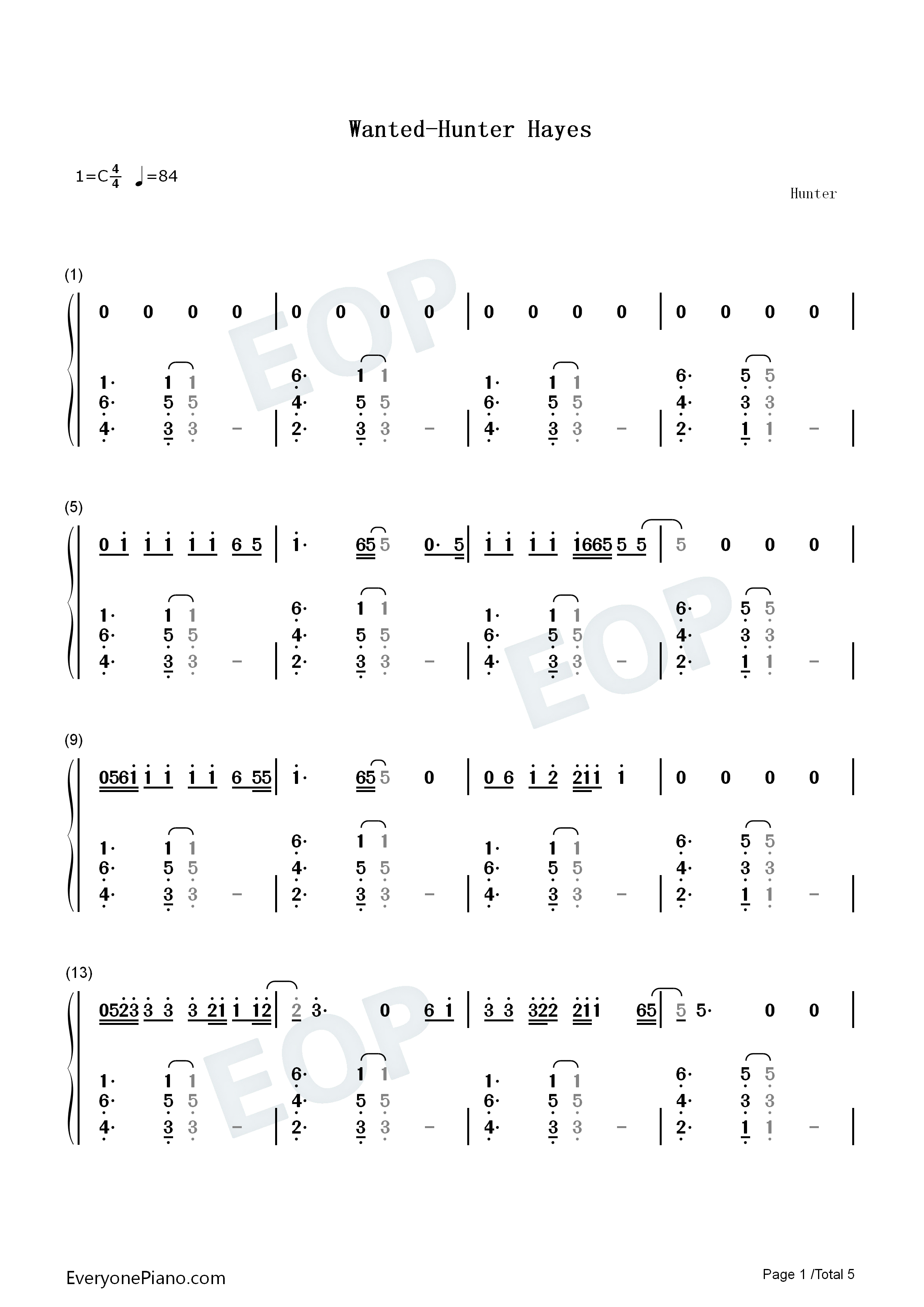 Wanted钢琴简谱_Hunter_Hayes演唱