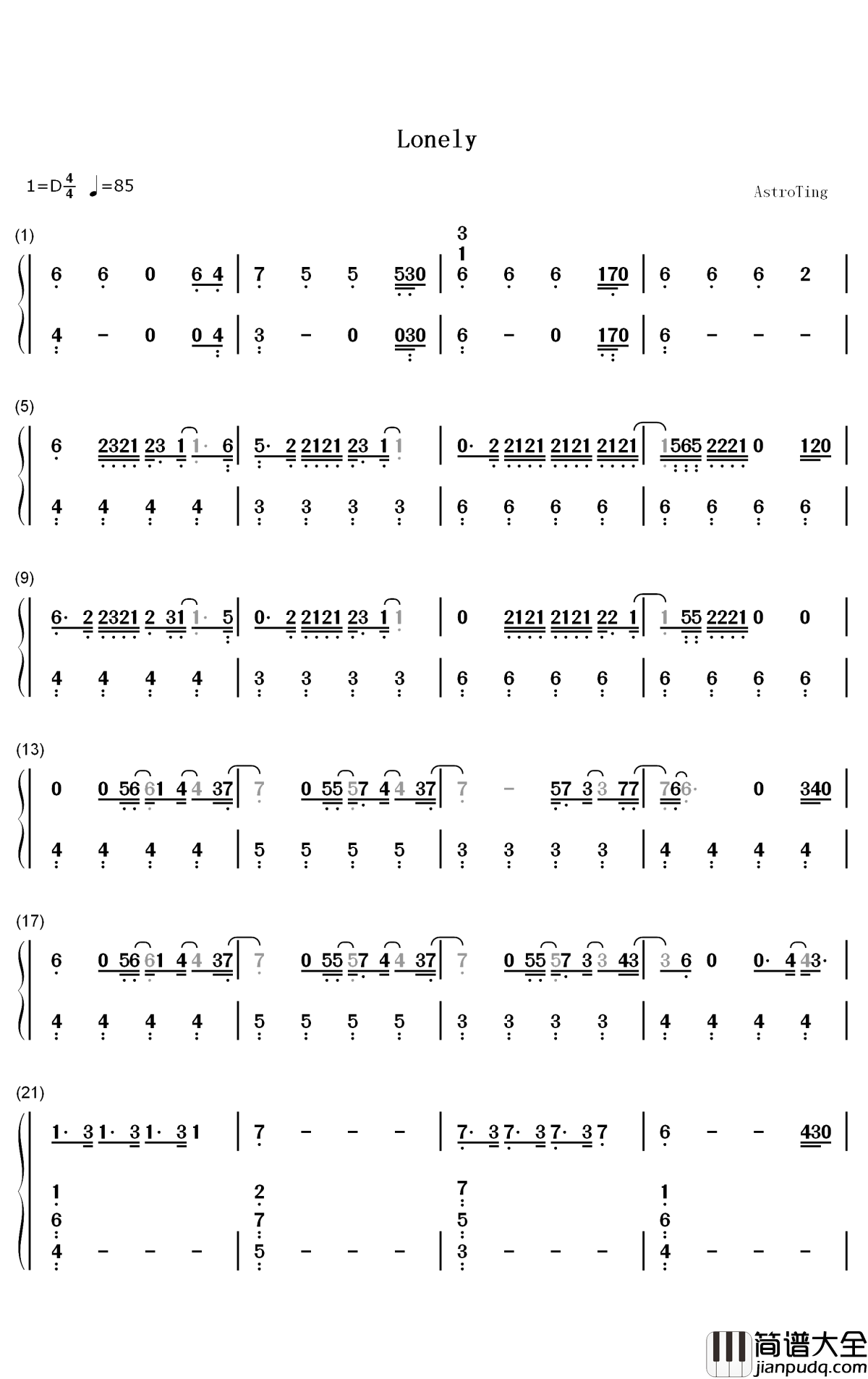 Lonely钢琴简谱_数字双手_Justin_Bieber_Benny_Blanco