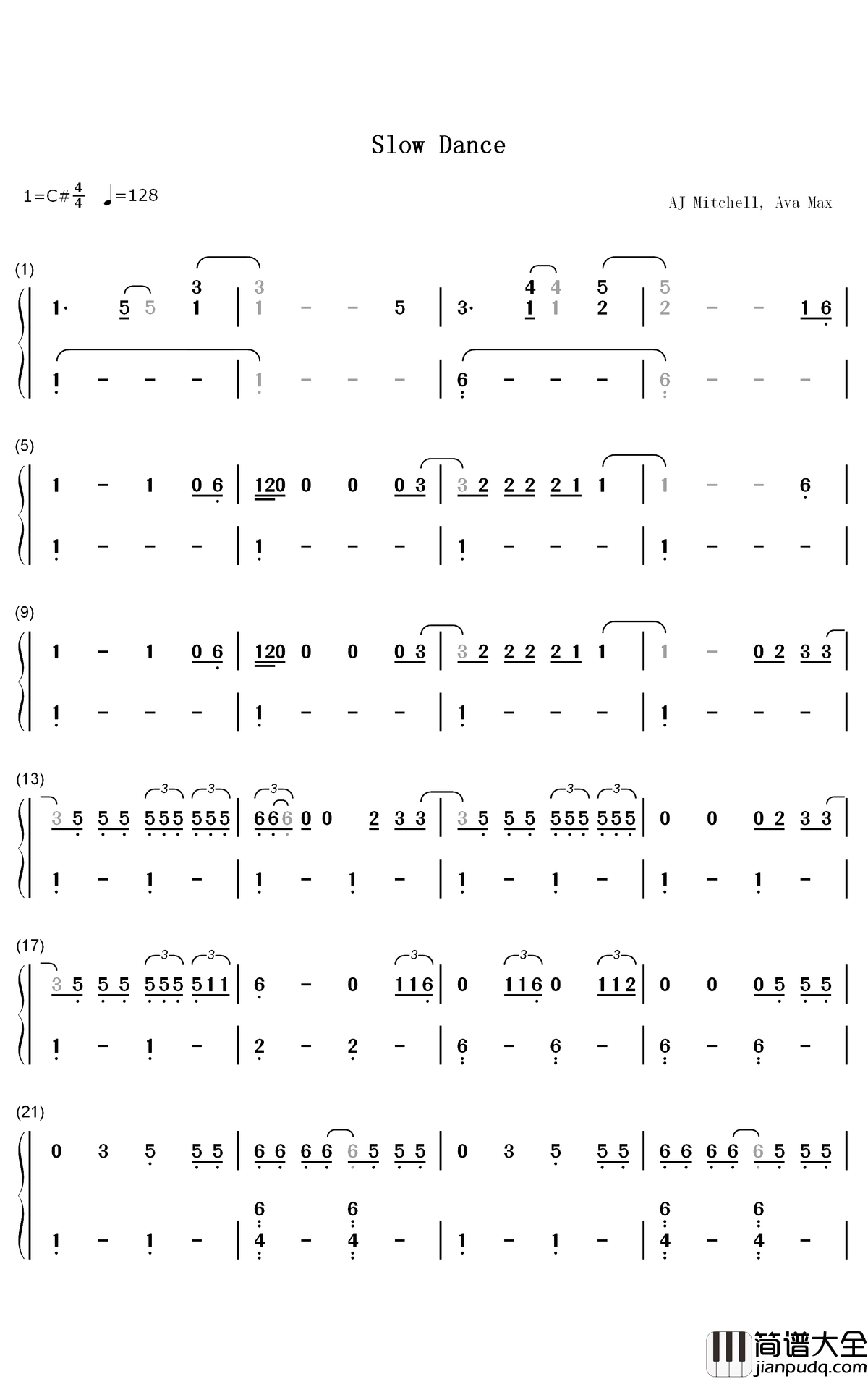 Slow_Dance钢琴简谱_数字双手_AJ_Mitchell_Ava_Max