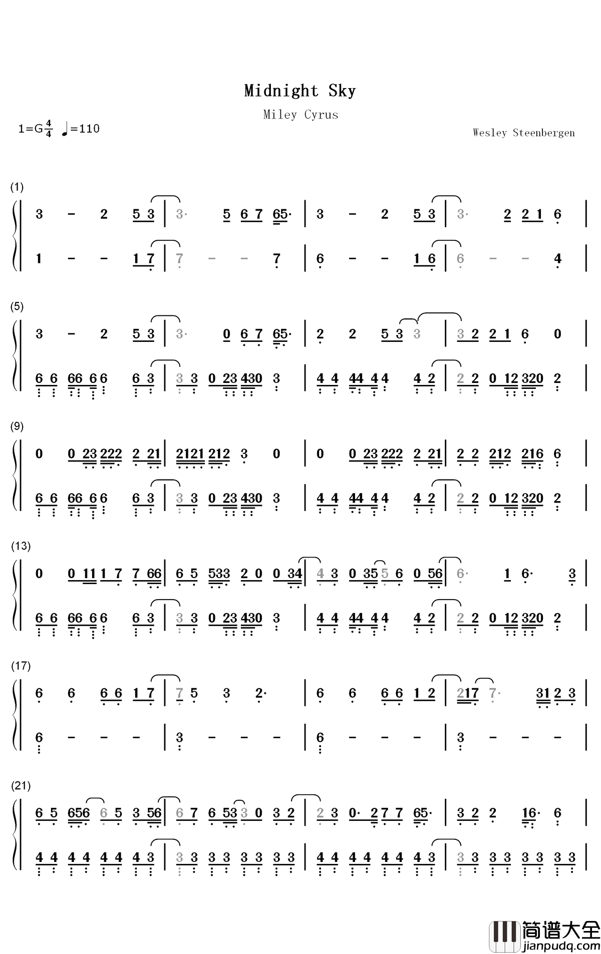 Midnight_Sky钢琴简谱_数字双手_Miley_Cyrus
