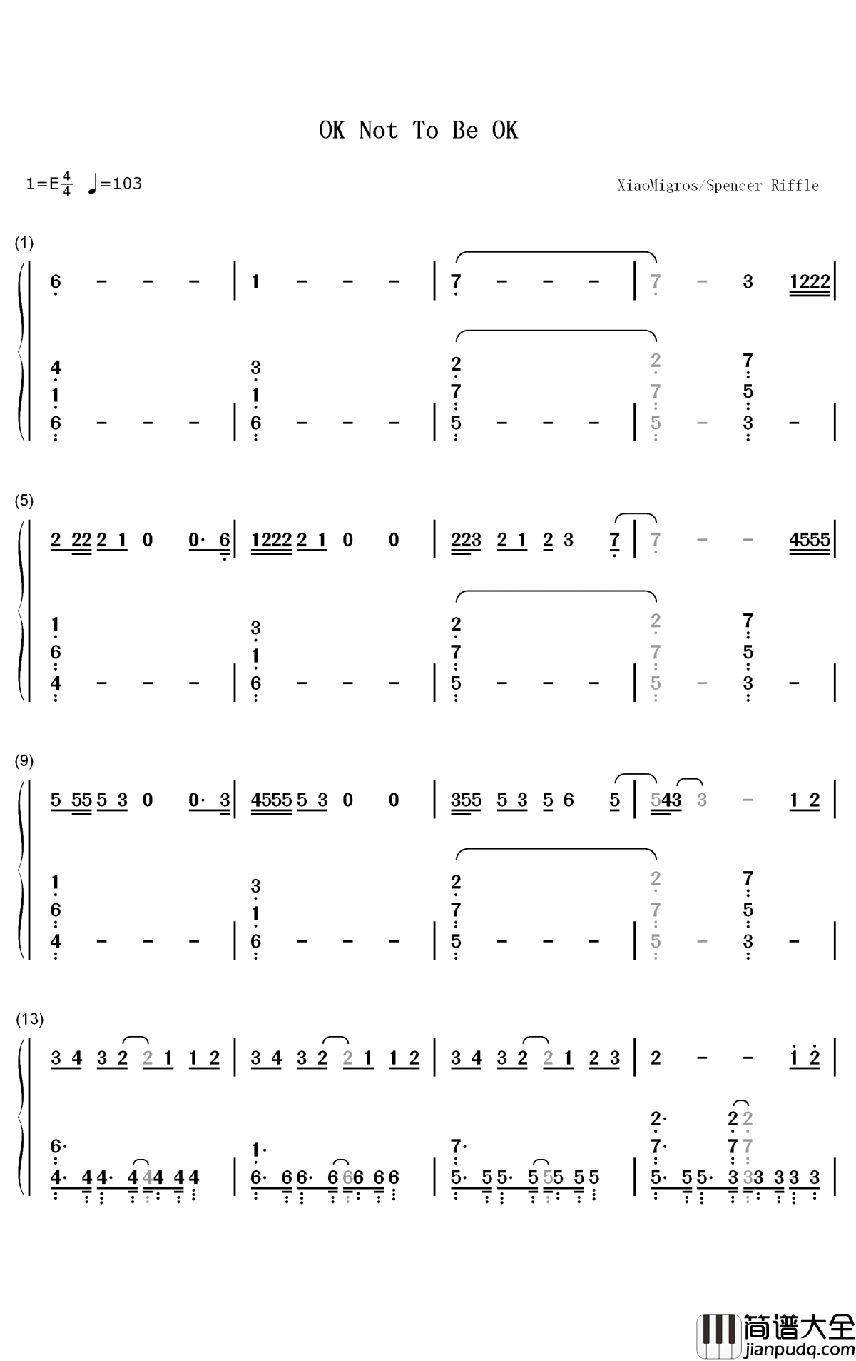 OK_Not_To_Be_OK钢琴简谱_数字双手_Marshmello_Demi_Lovato