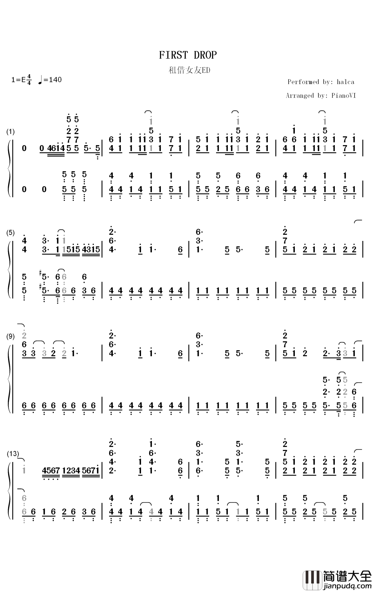 First_Drop钢琴简谱_数字双手_Halca