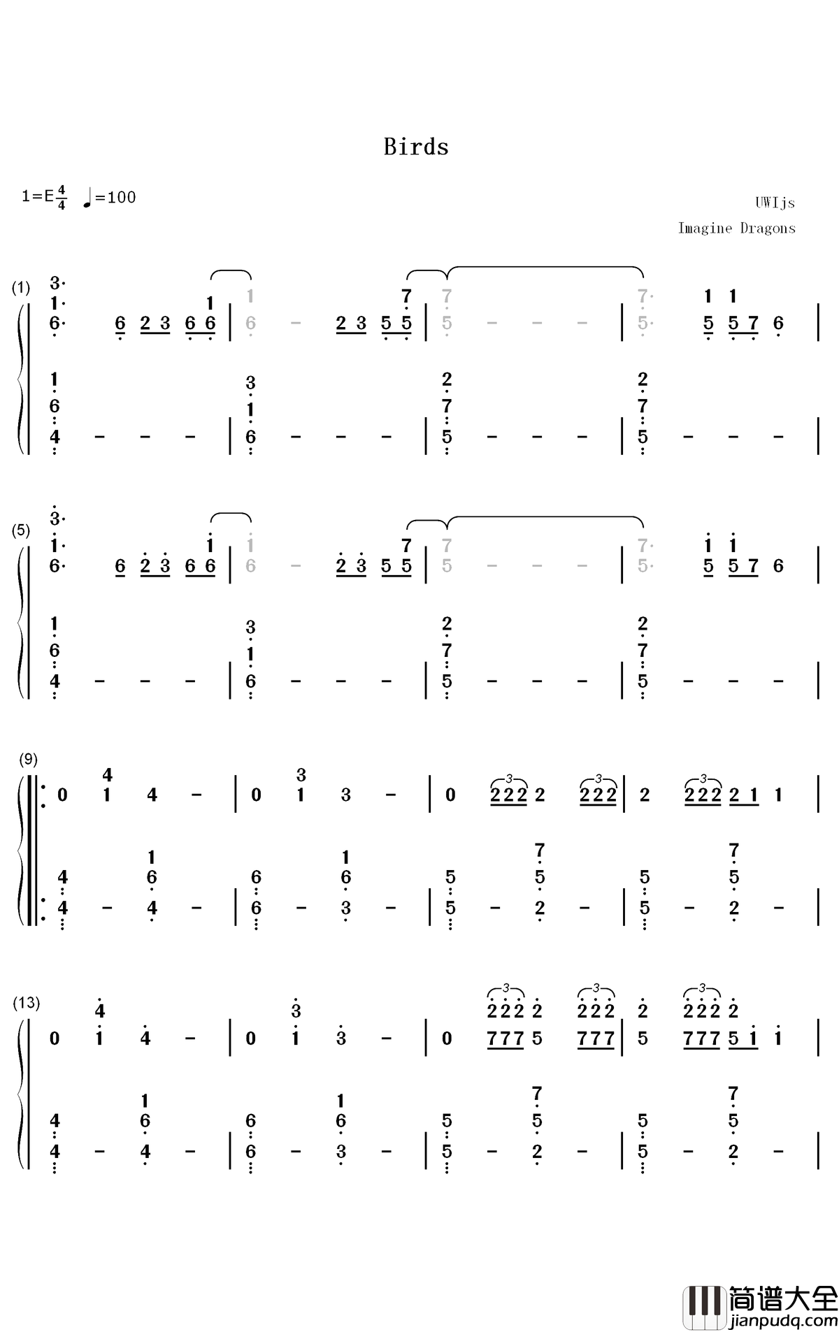 Birds钢琴简谱_数字双手_Imagine_Dragons_Elisa