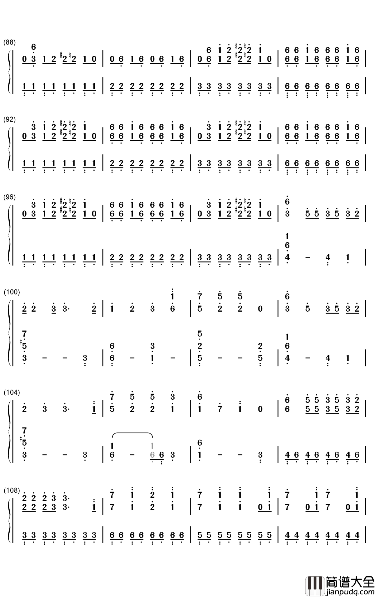 ダダダダ天使钢琴简谱_数字双手_ナナヲアカリ